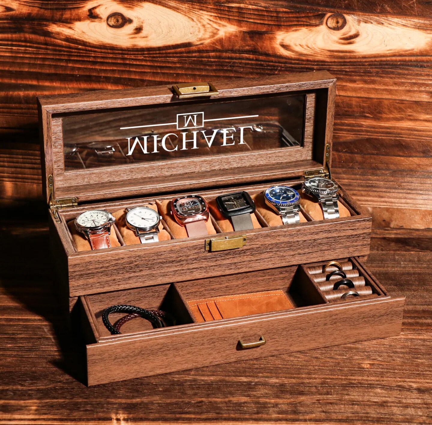 Timelybuys 12 Ebony Wood Watch Box Display Case Storage Jewelry Organizer with Glass Top, Stainless Steel Accents, and Oversized Black Pillows, image size:1080x1061