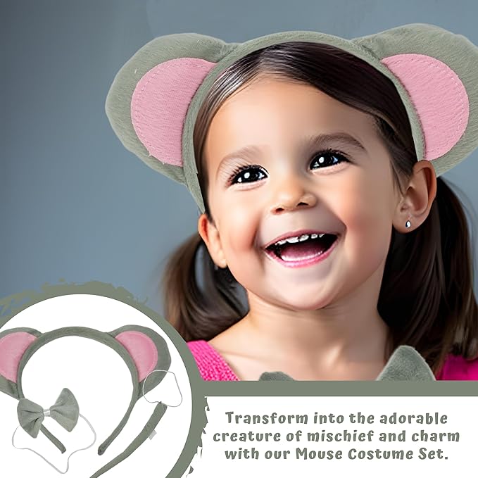 4E&#x27;s Novelty Mouse Costume Set 3 Pcs for Kids &#x26; Adults - Mouse Ears Headband, Bowtie &#x26; Tail Cosplay Kit - Halloween, Party, Dress Up Accessories for Girls, Boys, Men, Women, Pets