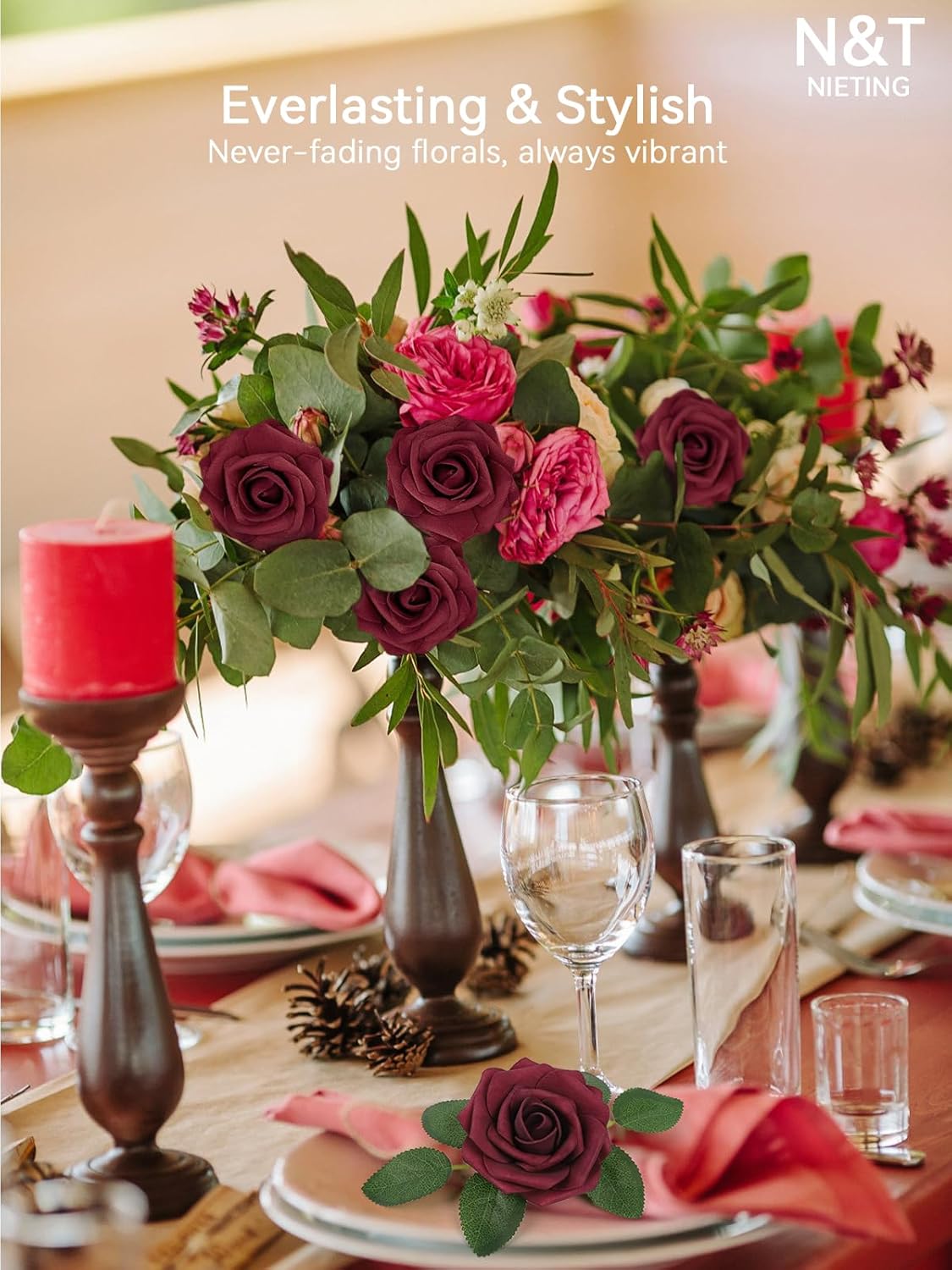 50Pcs Artificial Flowers Dark Red Roses Perfect DIY Wedding Bouquets
