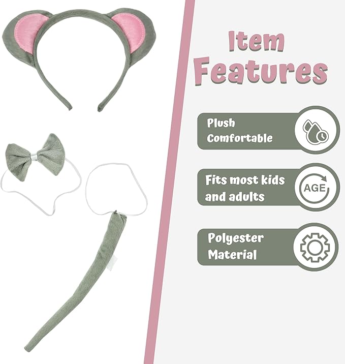 4E's Novelty Mouse Costume Set 3 Pcs for Kids & Adults - Mouse Ears Headband, Bowtie & Tail Cosplay Kit - Halloween, Party, Dress Up Accessories for Girls, Boys, Men, Women, Pets