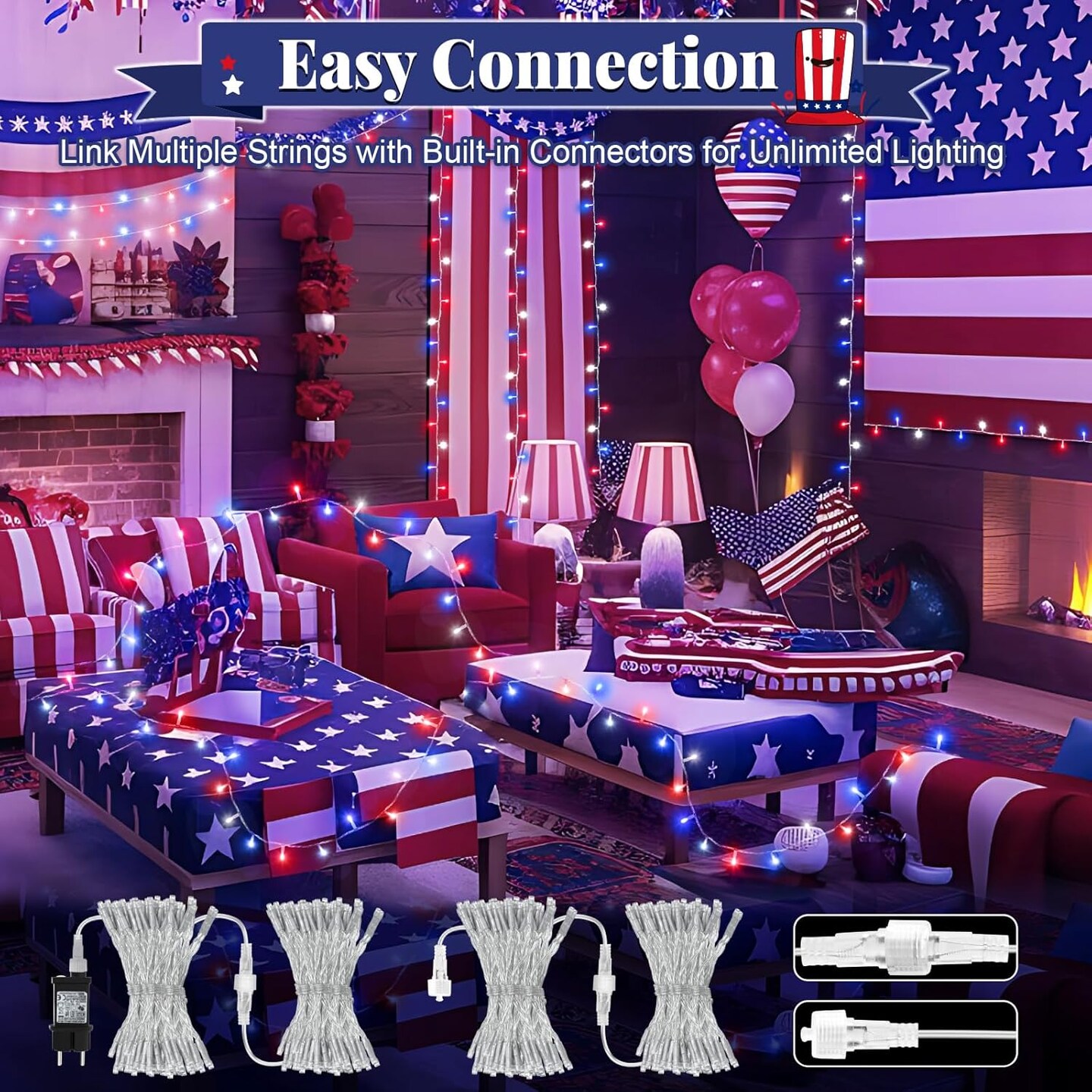 Red White and Blue Lights Outdoor, 32ft 100 LED Patriotic String Lights for 4th of July, Memorial Day, Independence Day Decor, 8 Modes Timer Waterproof Connectable
