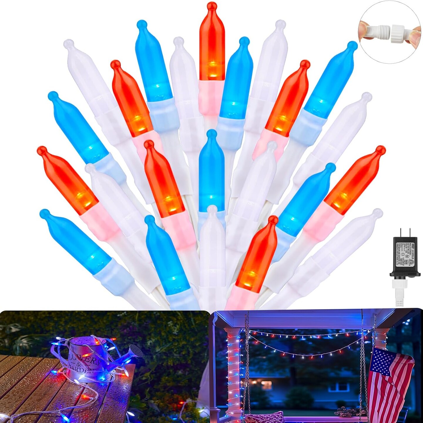 Red White Blue LED Mini Lights, 39Feet 100 LED 4th of July Decor String Lights with 8 Lighting Modes, Connectable Independence Day Lights for Wreath Indoor Outdoor Memorial Day Decoration, White Wire