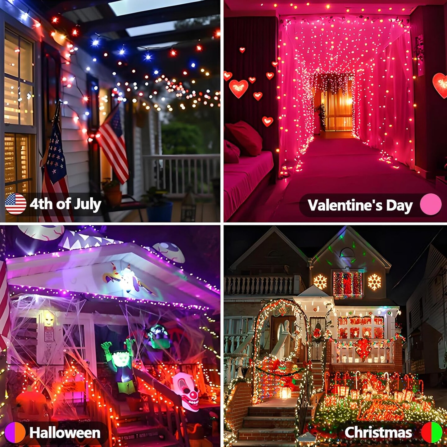 Smart Color Changing Christmas Lights, 4th of July Decoration Lights with Remote & Timer, 66FT 200 LED Patriotic String Light Waterproof, RGB Twinkle Light for Indoor Holiday Independence Day Decor