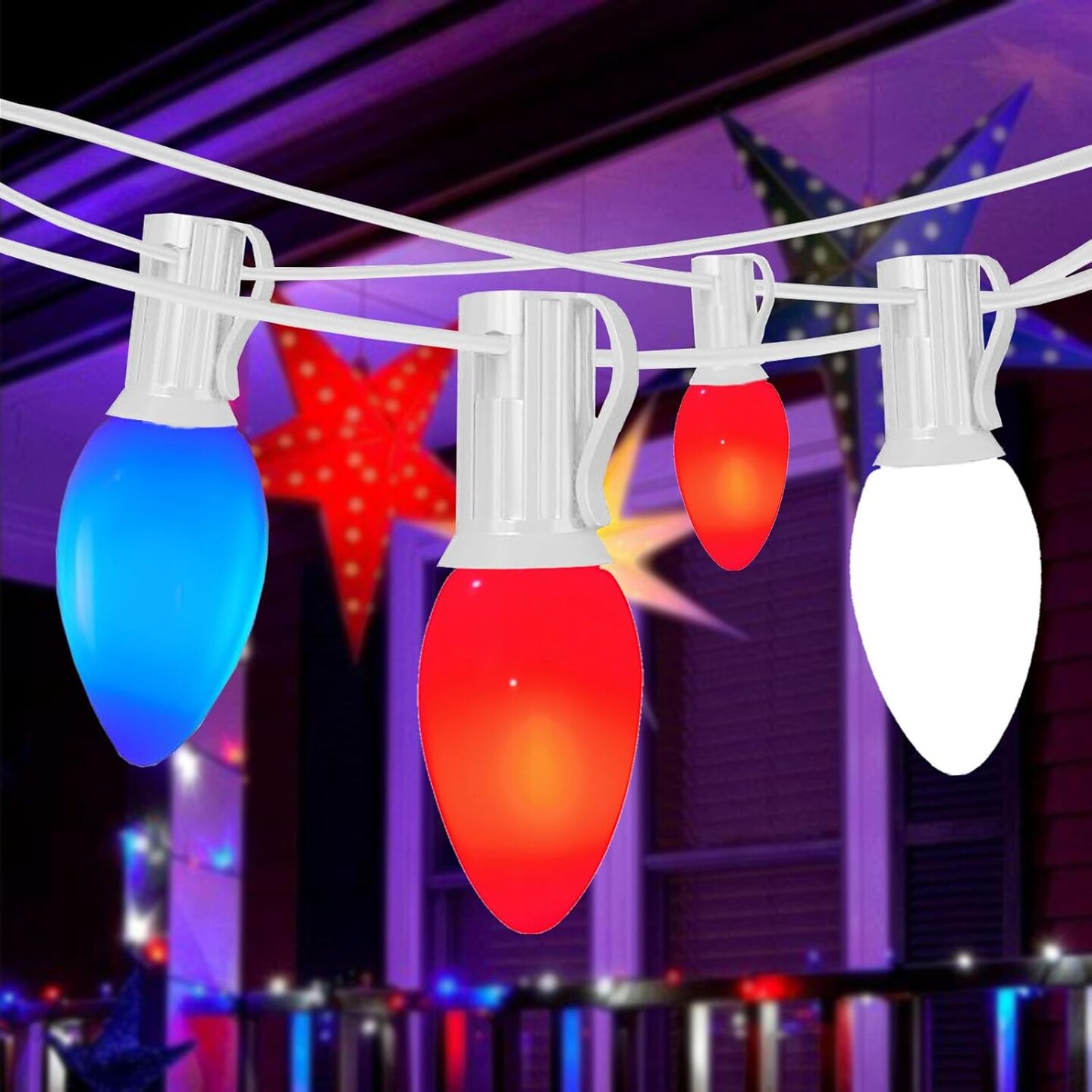 4th of July Outdoor Lights,25FT C7 LED Red White and Blue String Lights with 28 Bulbs(3 Spare),Patriotic Decorations Light for Memorial Day Independence Day Garden Backyard Decorations
