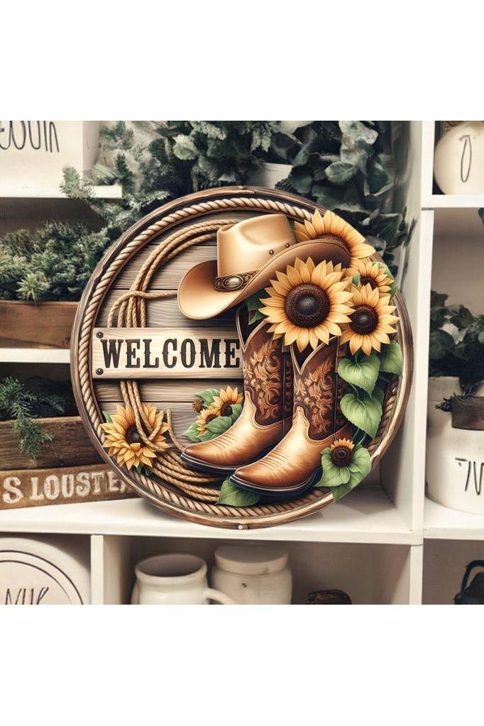 Welcome Cowboy Boots Sunflower Round Sign