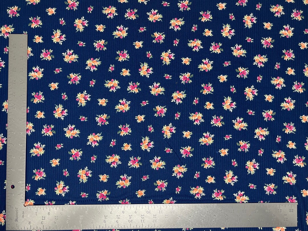 1 Yard 4x2 Brushed Rib Knit Floral Print Fabric Soft Stretchy Polyester ...