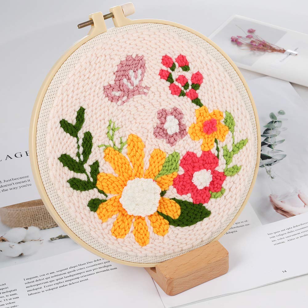 Punch Needle Embroidery Starter Kits for Kids and Adults Beginners, Include Instructions, Punch Needle Fabric with Floral Pattern, Yarns, Embroidery Hoops and Threader Tools