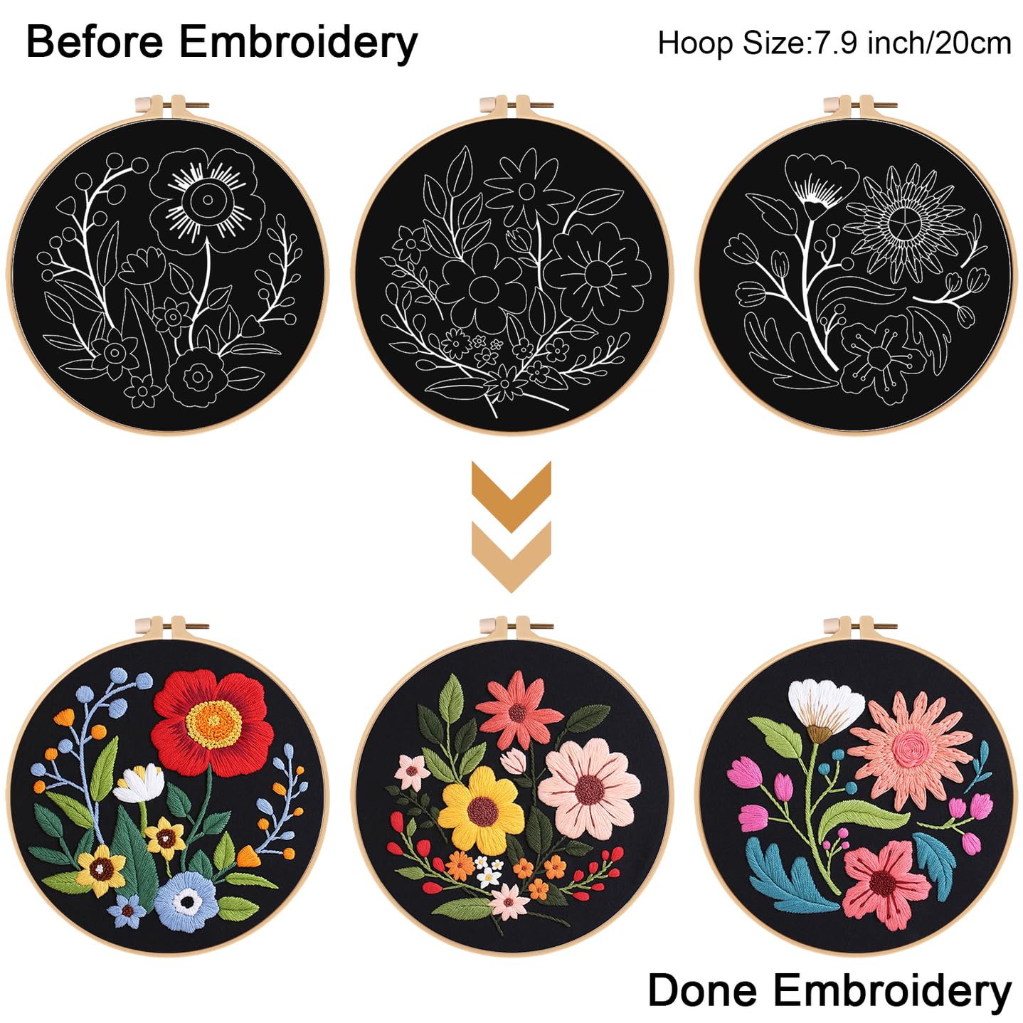 3 Sets Flowers Embroidery Kits for Beginners,Cross Stitch Kit for Adults,Crewel Starters Needlepoint with Floral Pattern,Hoop,Threads and Instruction