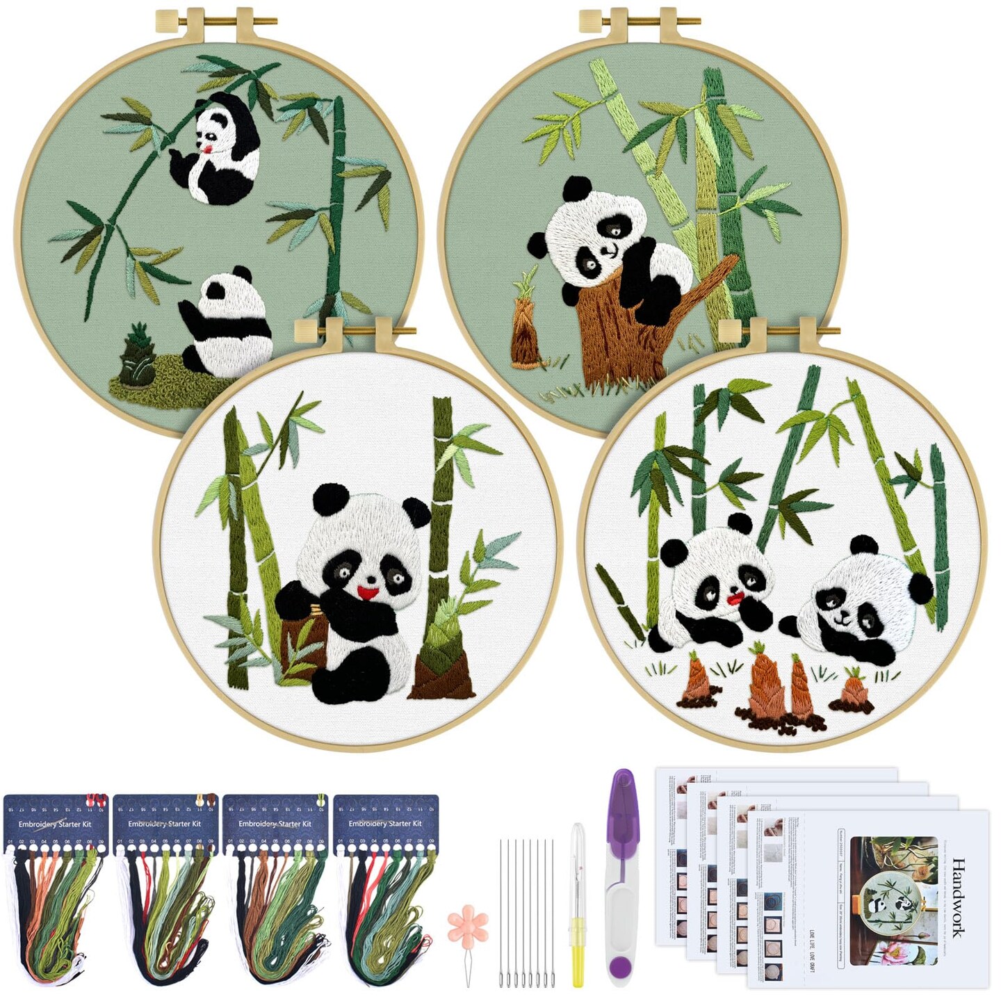 4 Sets Embroidery Kit for Beginners, Animal Cross Stitch Set for Adult Include Embroidery Cloth Hoops Threads for Craft Lover Hand Stitch (Panda)