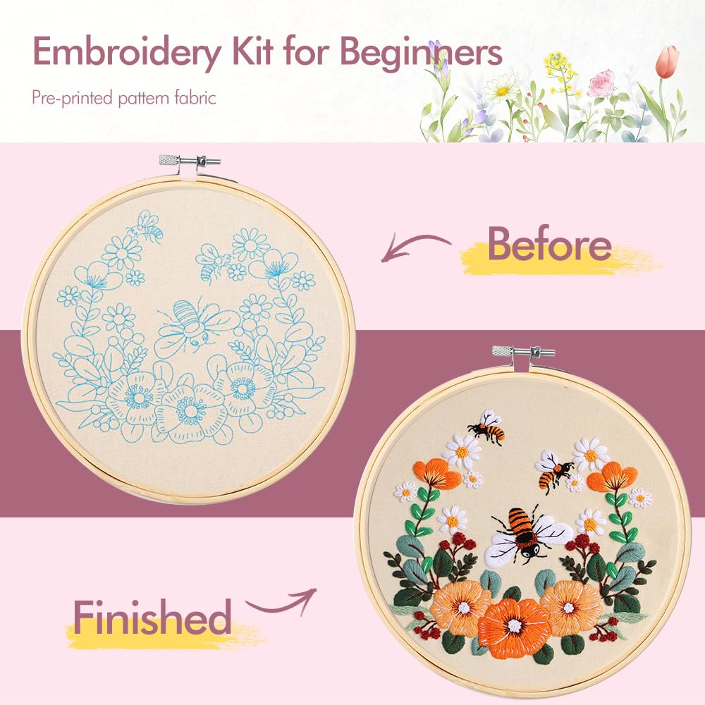 Embroidery Kit for Adults, 4 Sets Cross Stitch Kits for Adults with Stamped Flower Pattern and Easy Instruction, Embroidery Kits with Embroidery Hoop and Color Threads