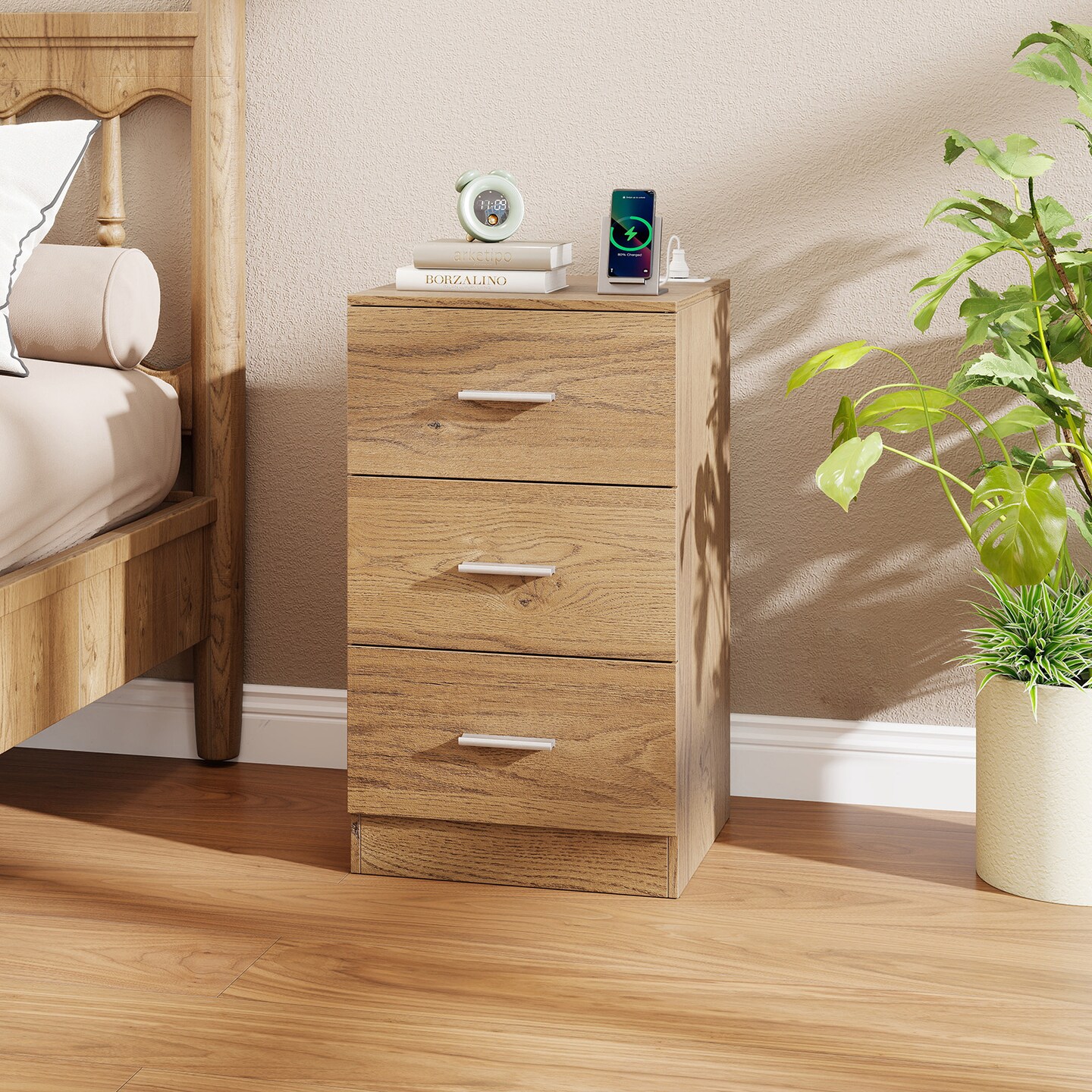 Bedside Table with Charging Station 3 Drawer Storage USB Type C Ports