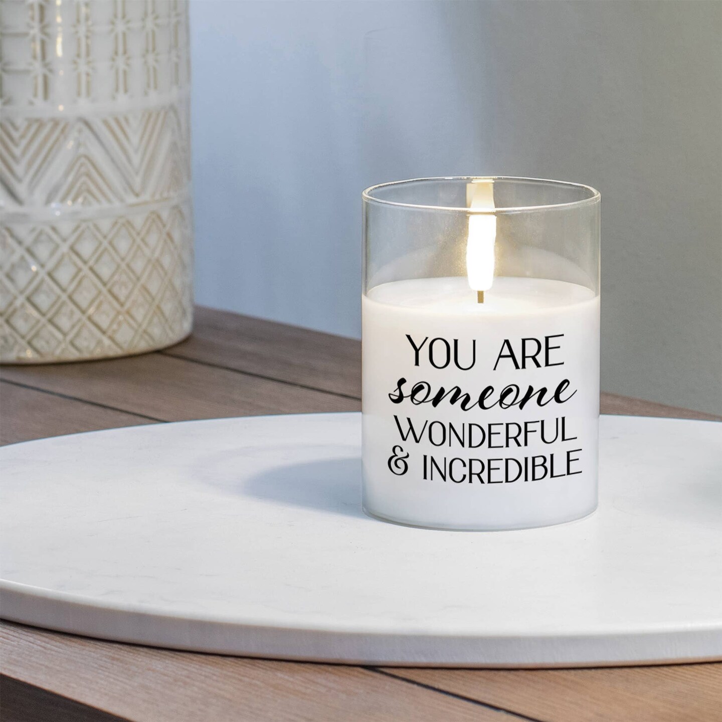 Edge Collection - 4" x 3" - White - Flameless LED Candle with Inspirational Message - 1 Piece