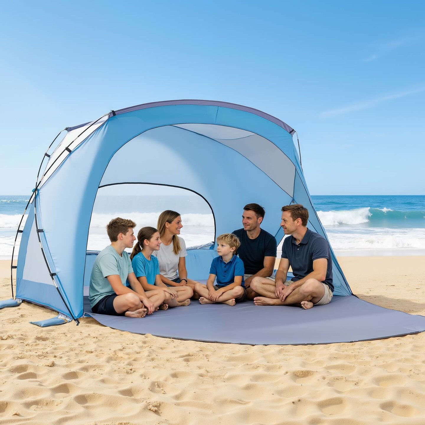 Blue Lightweight 6-Person Beach Tent with UPF 50+, Sand Pockets, Easy Setup