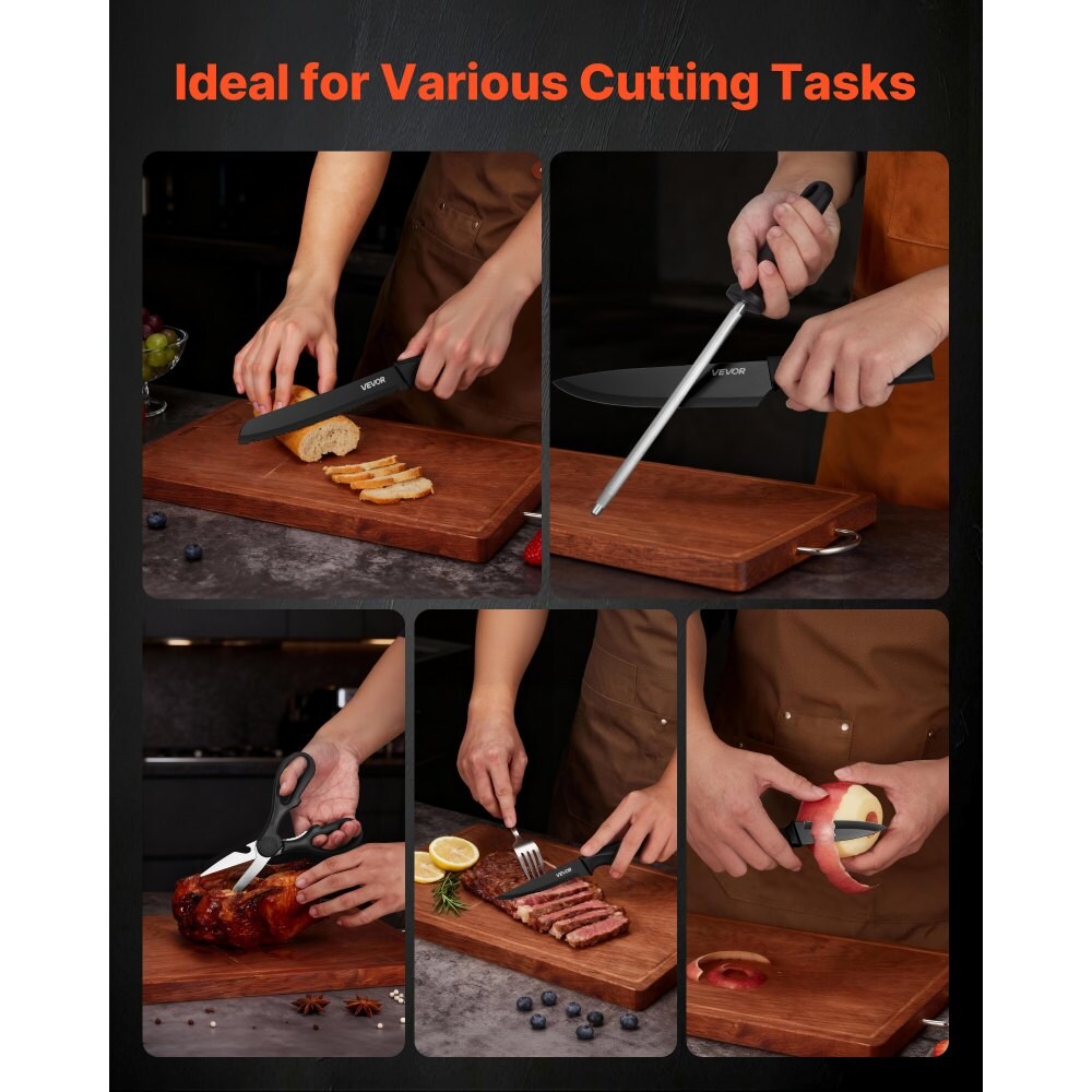 15-Piece High Carbon Stainless Steel Knife Set with Block and Sharpening Rod