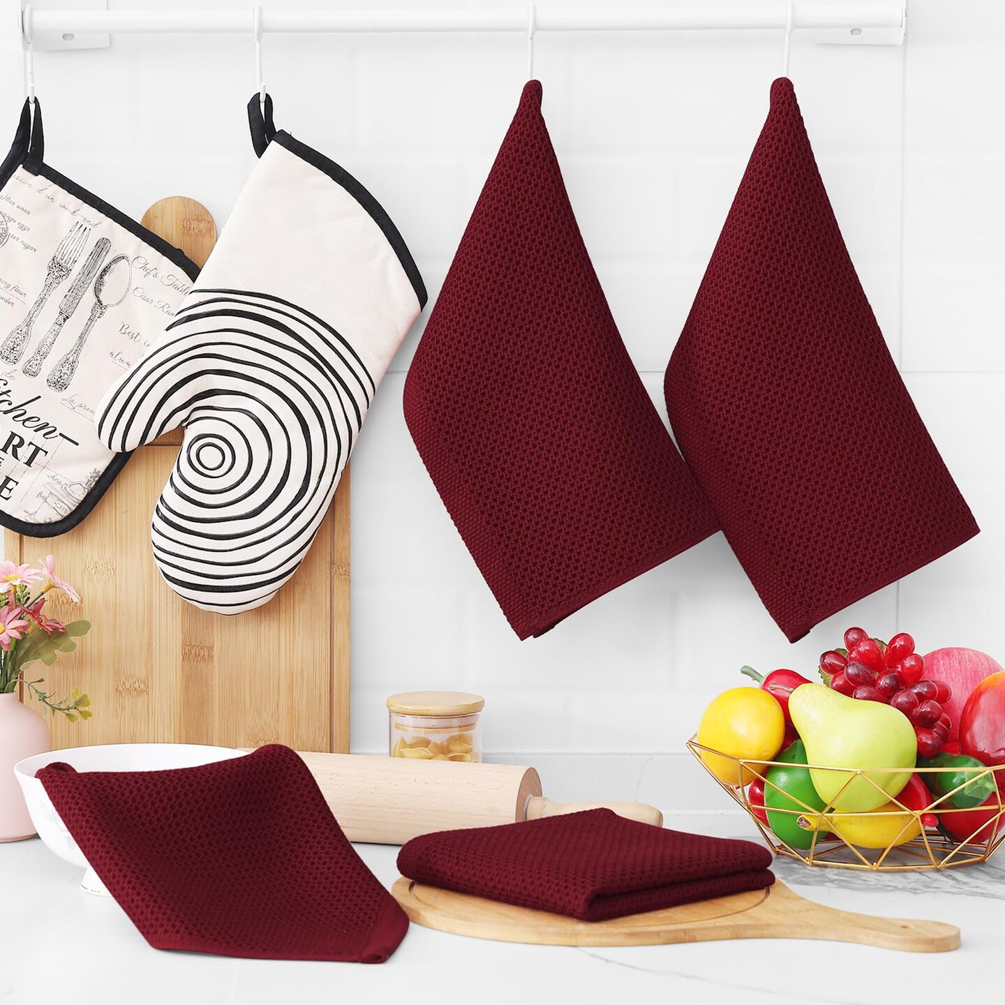 100% Cotton Waffle Weave Kitchen Dish Cloths, Ultra Soft Absorbent Quick Drying Dish Towels, 12 x 12 Inches, 6-Pack, Burgundy