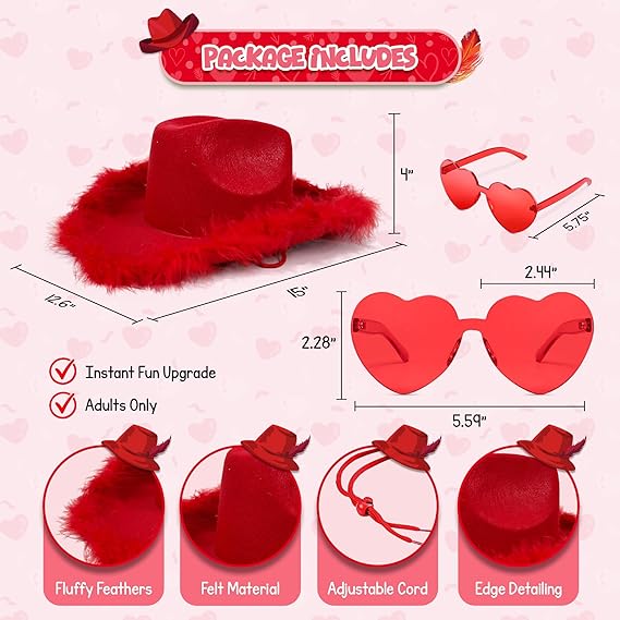 4E’s Novelty Red Cowboy Hat for Women & Heart Sunglasses – Felt Cowgirl Hats Women with Feathers