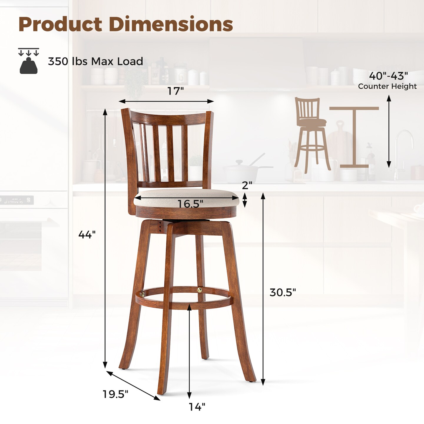 Counter Height Swivel Chairs with Upholstered Seats and Backrest Set of 2
