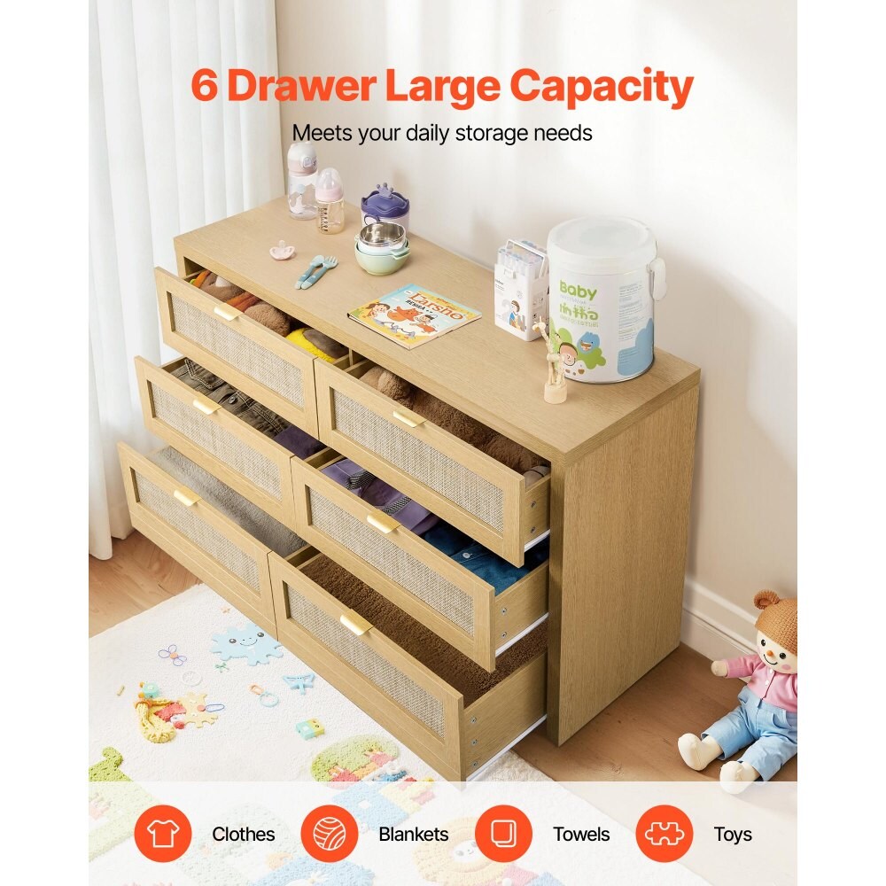 Walnut Rattan 6 Drawer Dresser with Metal Handles Storage Chest