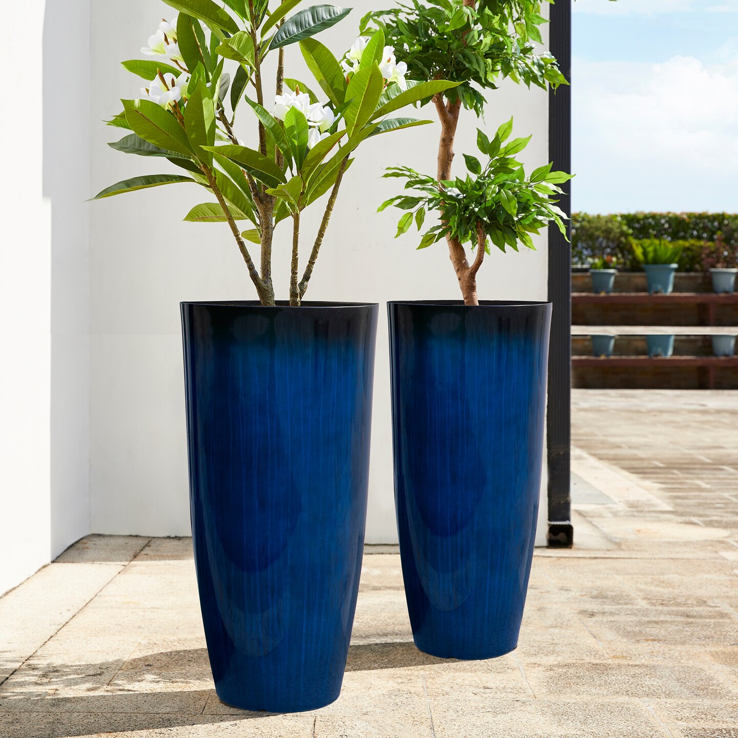 30"H Set of 4 Oversized Gradient Cobalt Blue Faux Ceramic Tall Plastic Planter