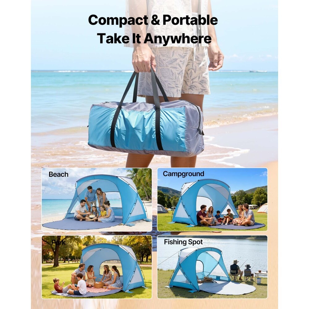 Blue Lightweight 6-Person Beach Tent with UPF 50+, Sand Pockets, Easy Setup