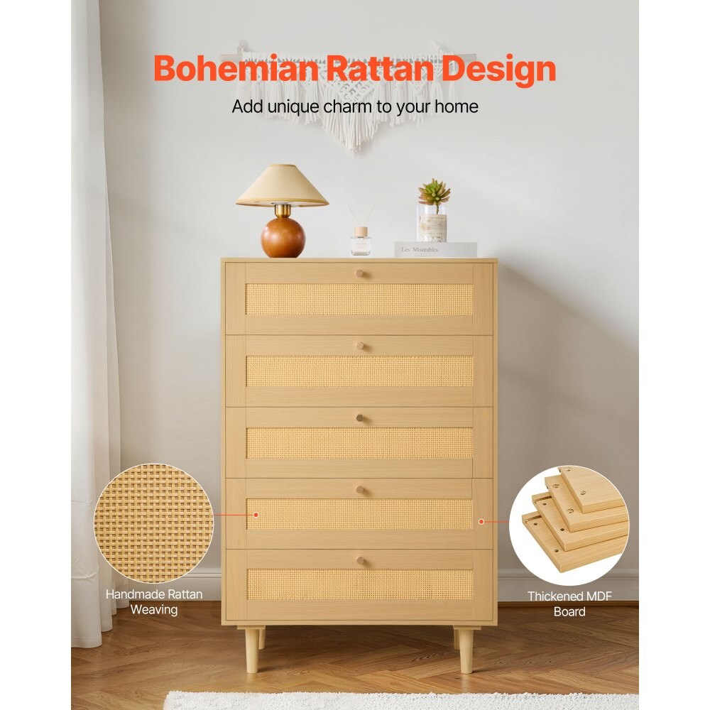 Natural Wood Rattan Dresser 5-Drawer Storage Cabinet Vintage Style