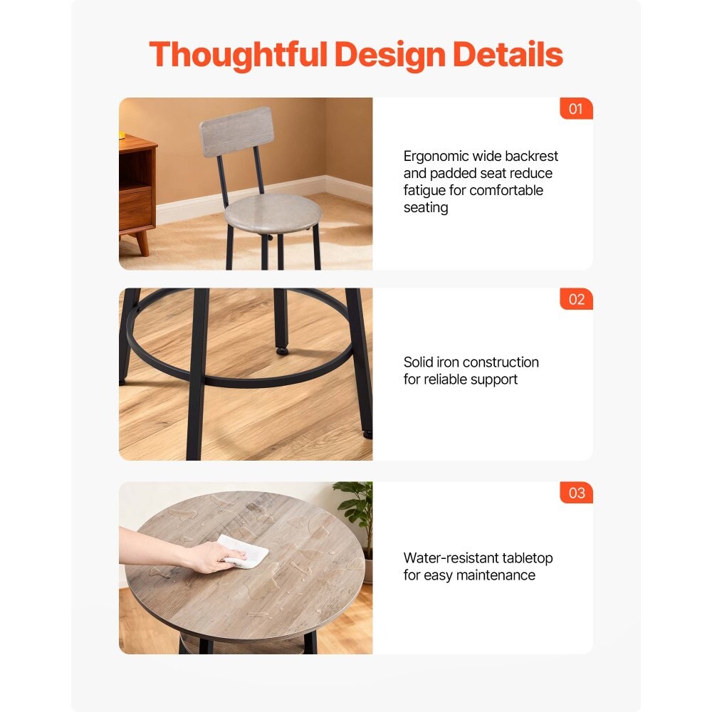 Light Gray 3-Piece Bar Table Set with Rounded Corner Design and Stools