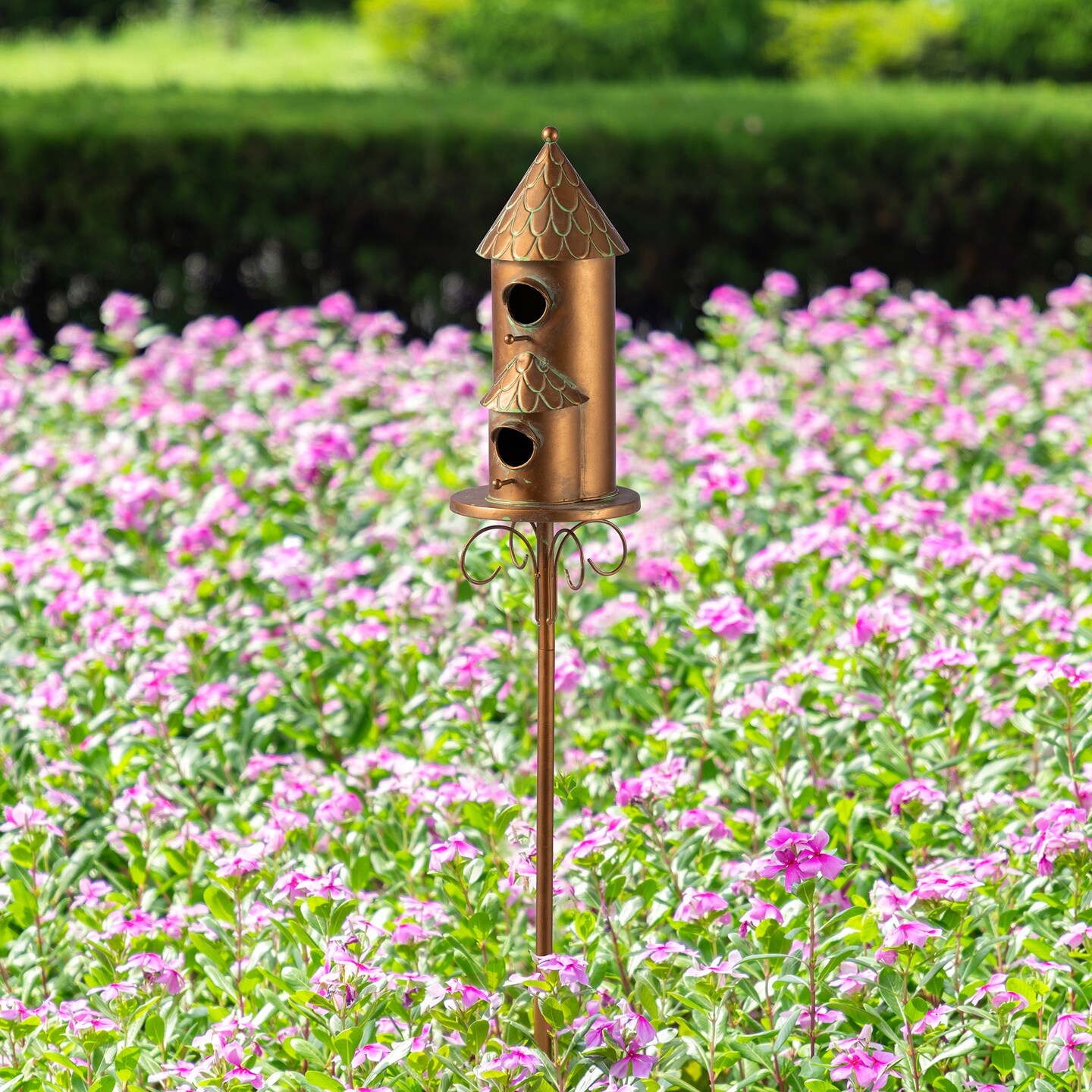 Set of 2 53''H Farmhouse Faux Copper 2-Tiered Distressed Metal Decorative Garden Birdhouse with Stake