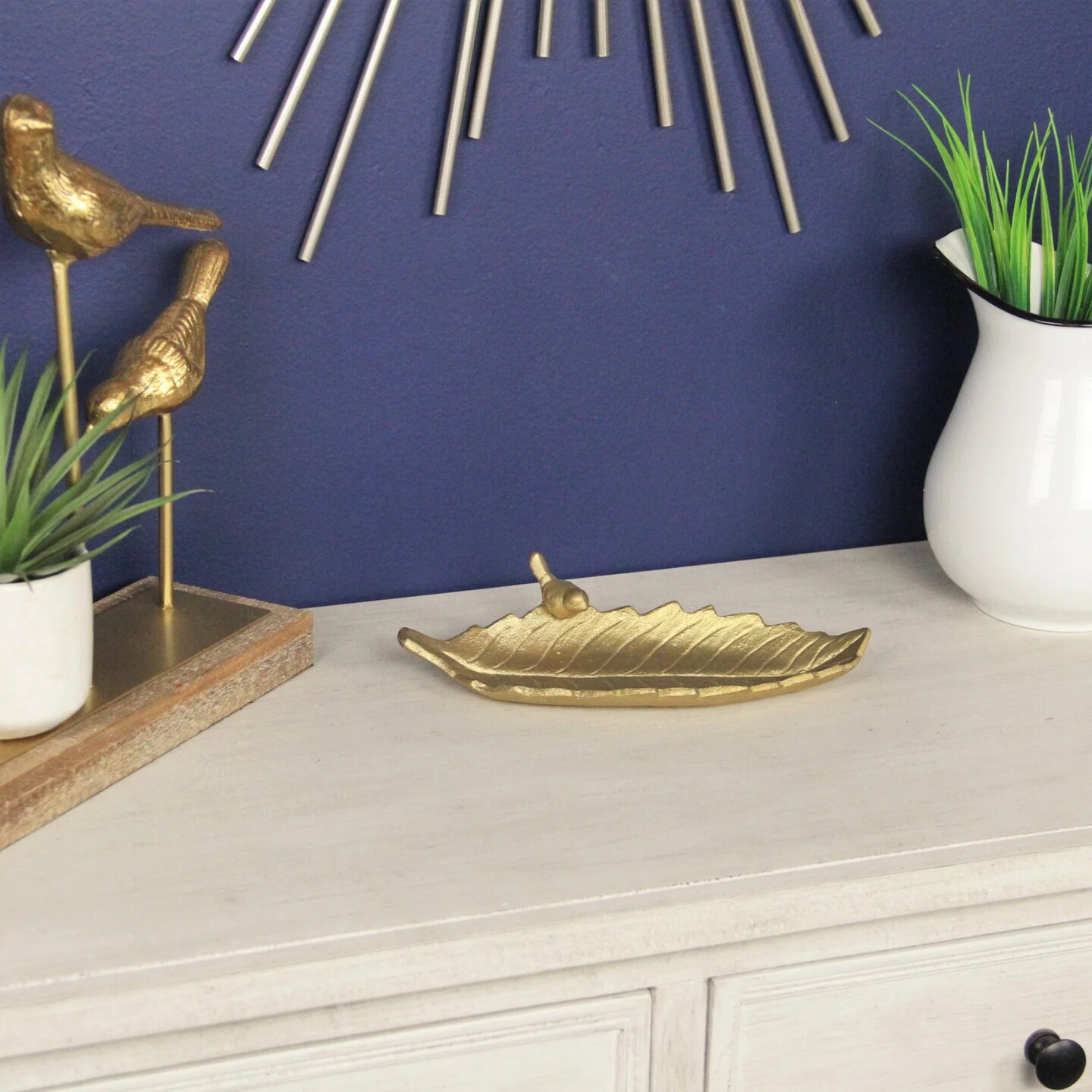 Contemporary Home Living Handcrafted Golden Cast Iron Leaf Tray - 9.5" - Gold-Tone Finish