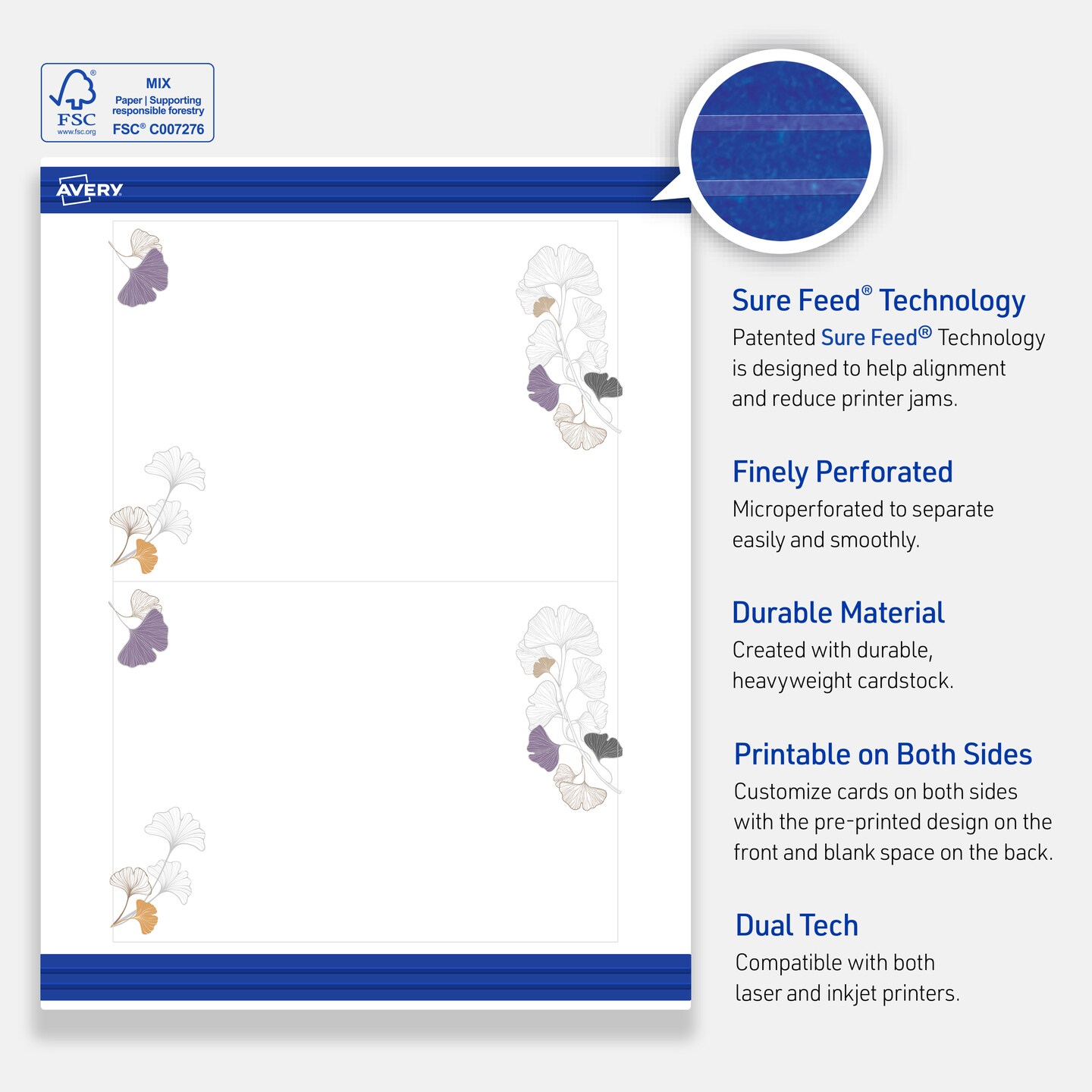 Avery Printable Rectangle Invitation Cards with Sure Feed Technology, Pre-Printed Silver Metallic with Gingko Leaves Design, Matte White, 5" x 7", Laser & Inkjet Compatible, 20 Total