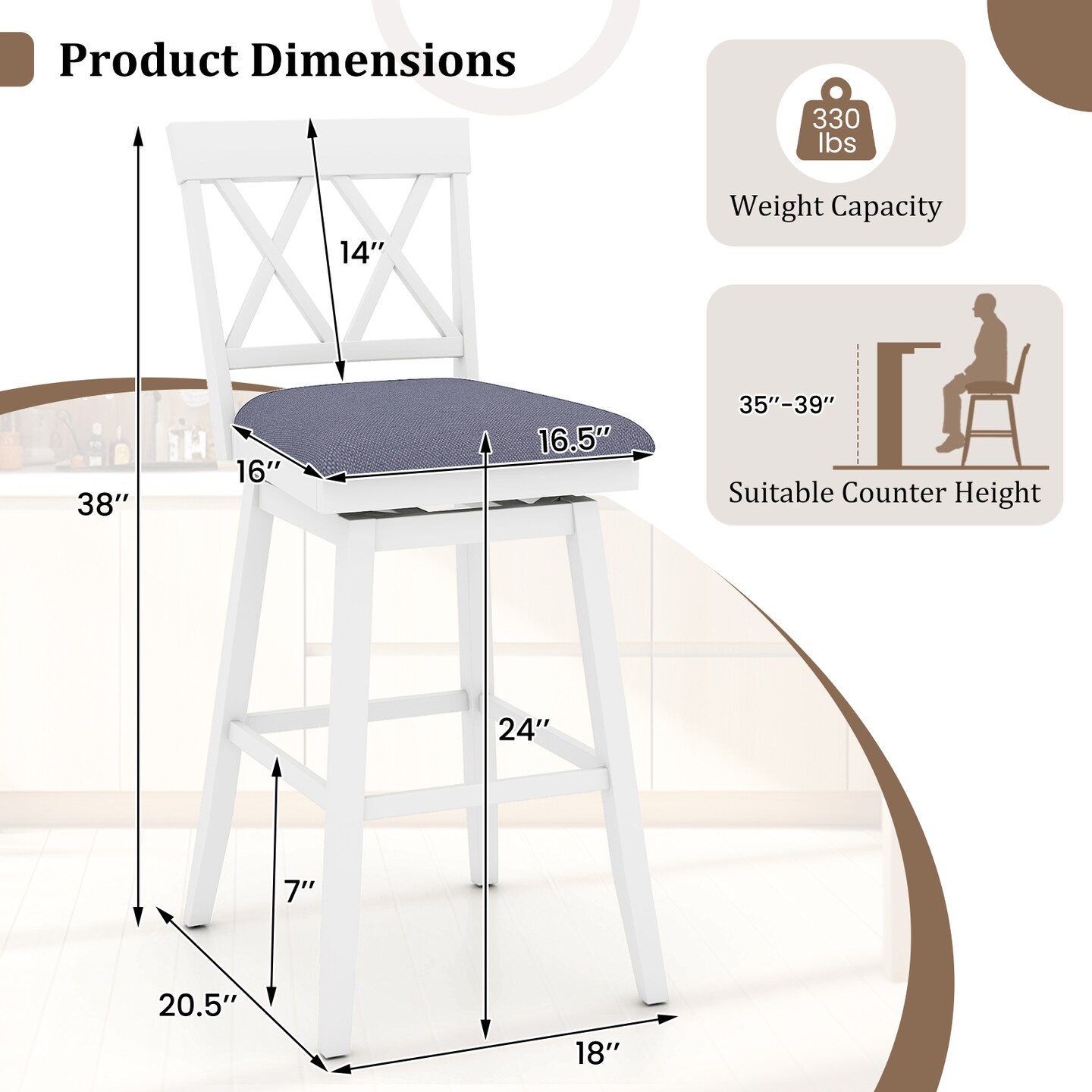 Adjustable Counter Bar-stools with Backrest and Seat Cushion Set of 2