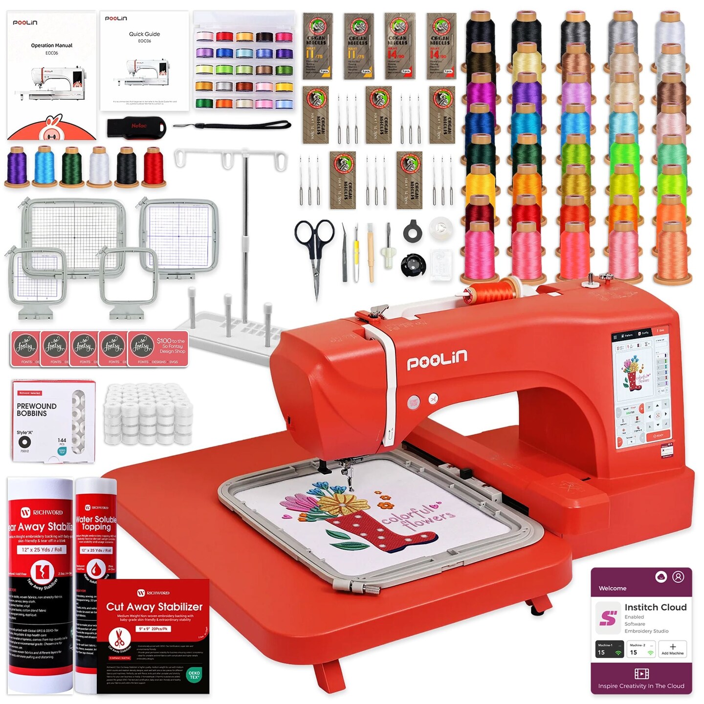 POOLIN EOC06 7.9in x 11in Embroidery Machine Deluxe Bundle - Red
