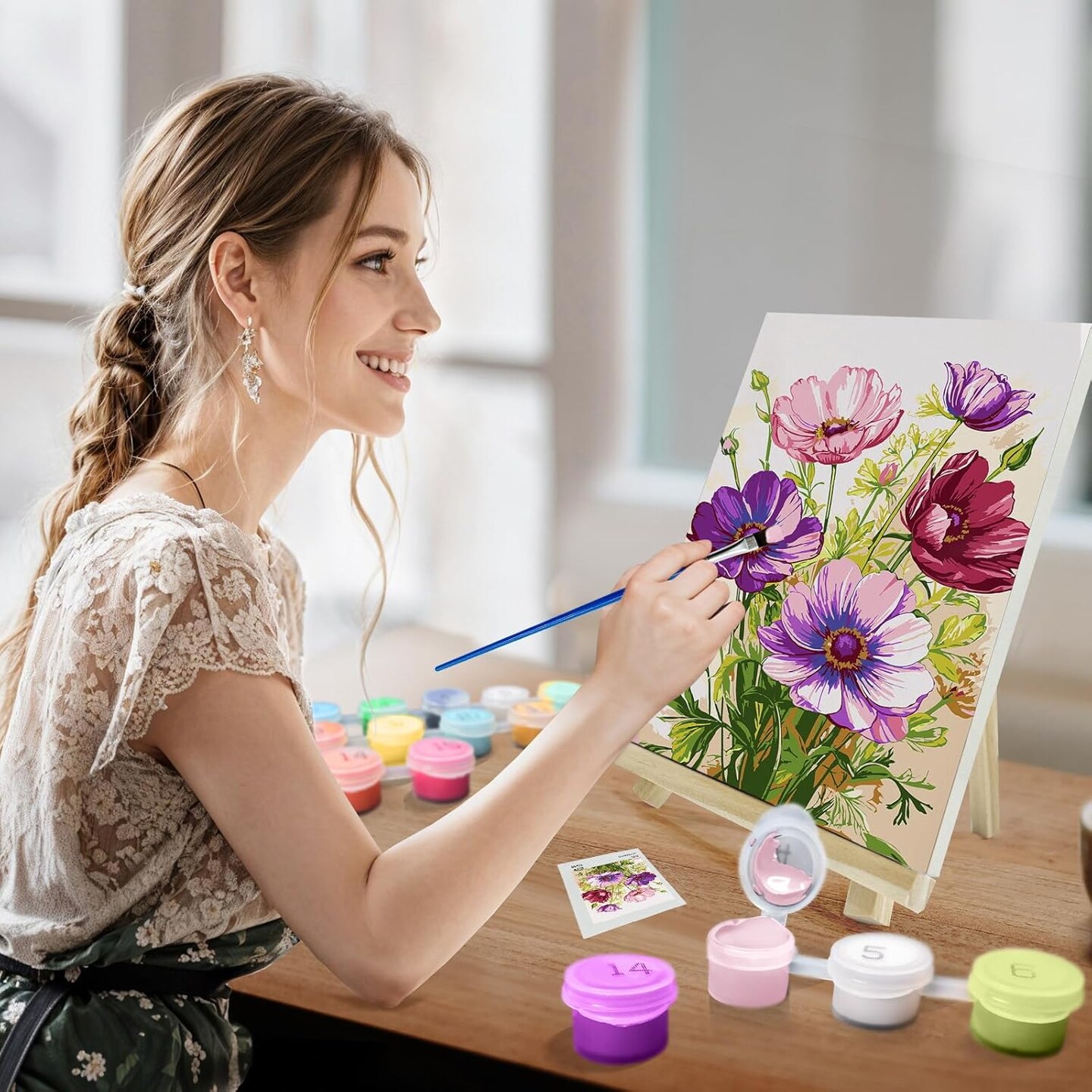 Paint by Numbers Kit for Adults with Frame & Easel, 8x12 Inch Floral DIY Acrylic Painting Set – Framed Canvas Art Kit for Beginners & Home Wall Décor Gift