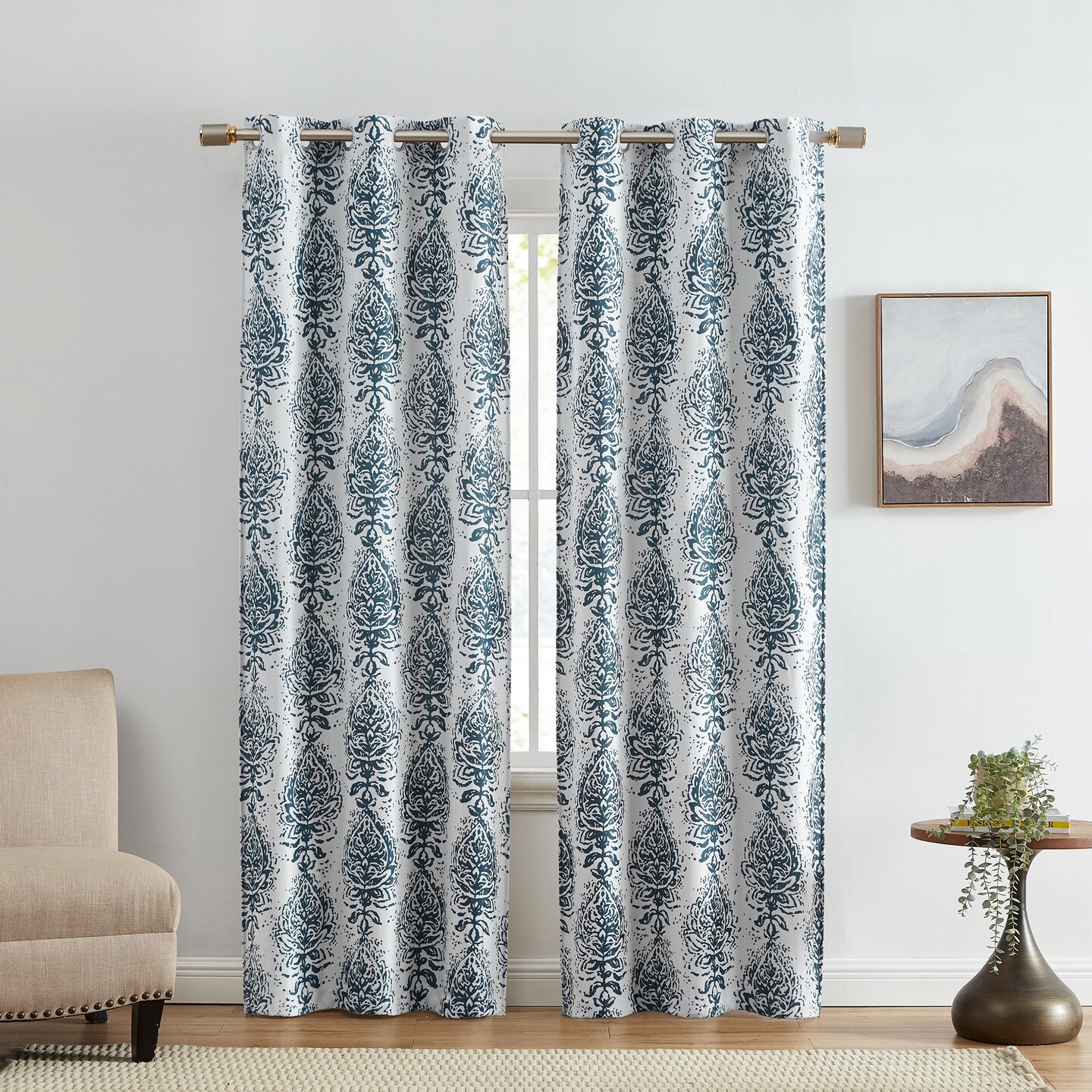 Threadmade Home Raja Boho Print Blackout Window Curtain Panel, Set of 2, Indigo - 37"W x 63"L