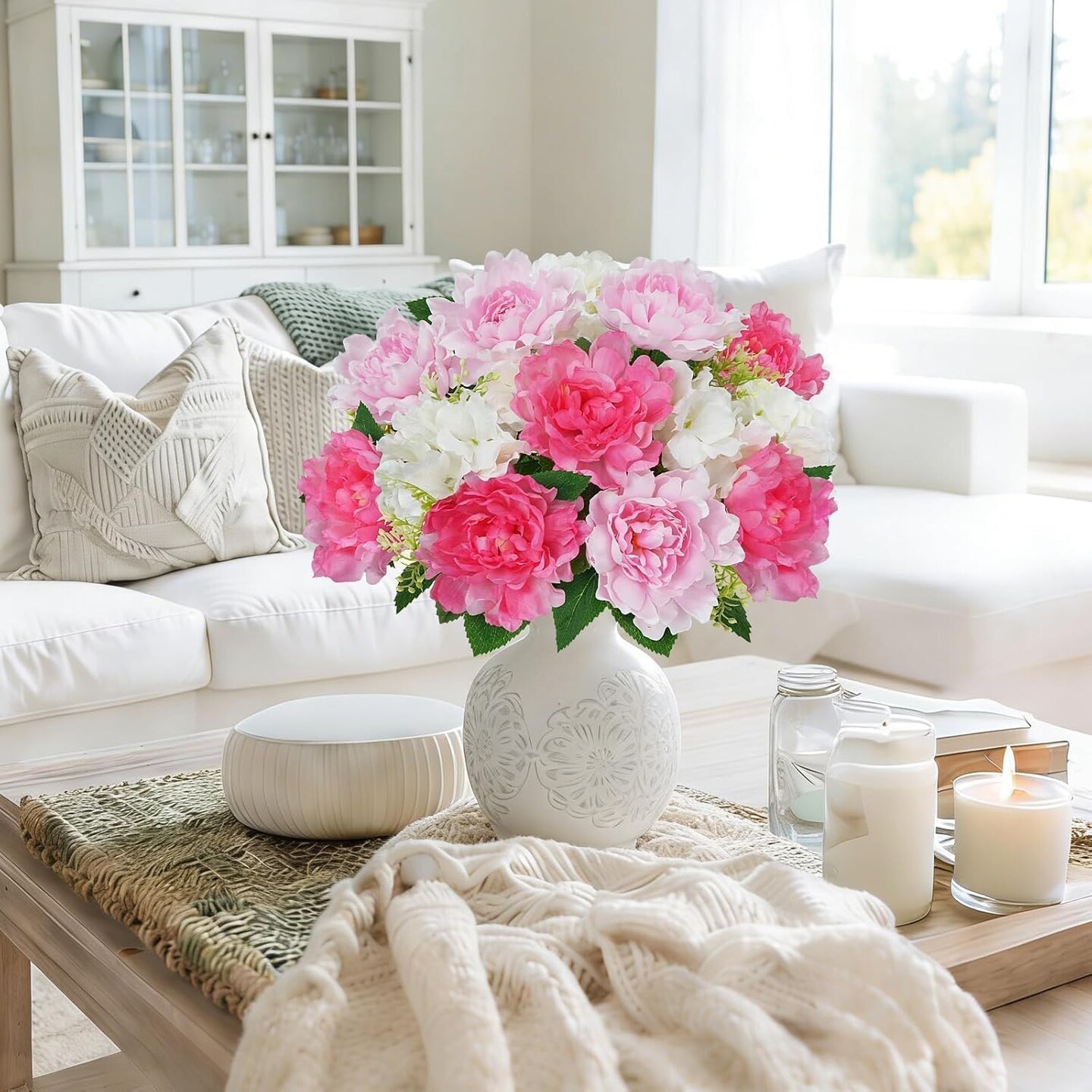 2-Pack Artificial Cemetery Flower Arrangements – Silk Peonies & Hydrangea Bouquets for Grave, Home & Wedding Décor (16" Pink Spring Floral Set)