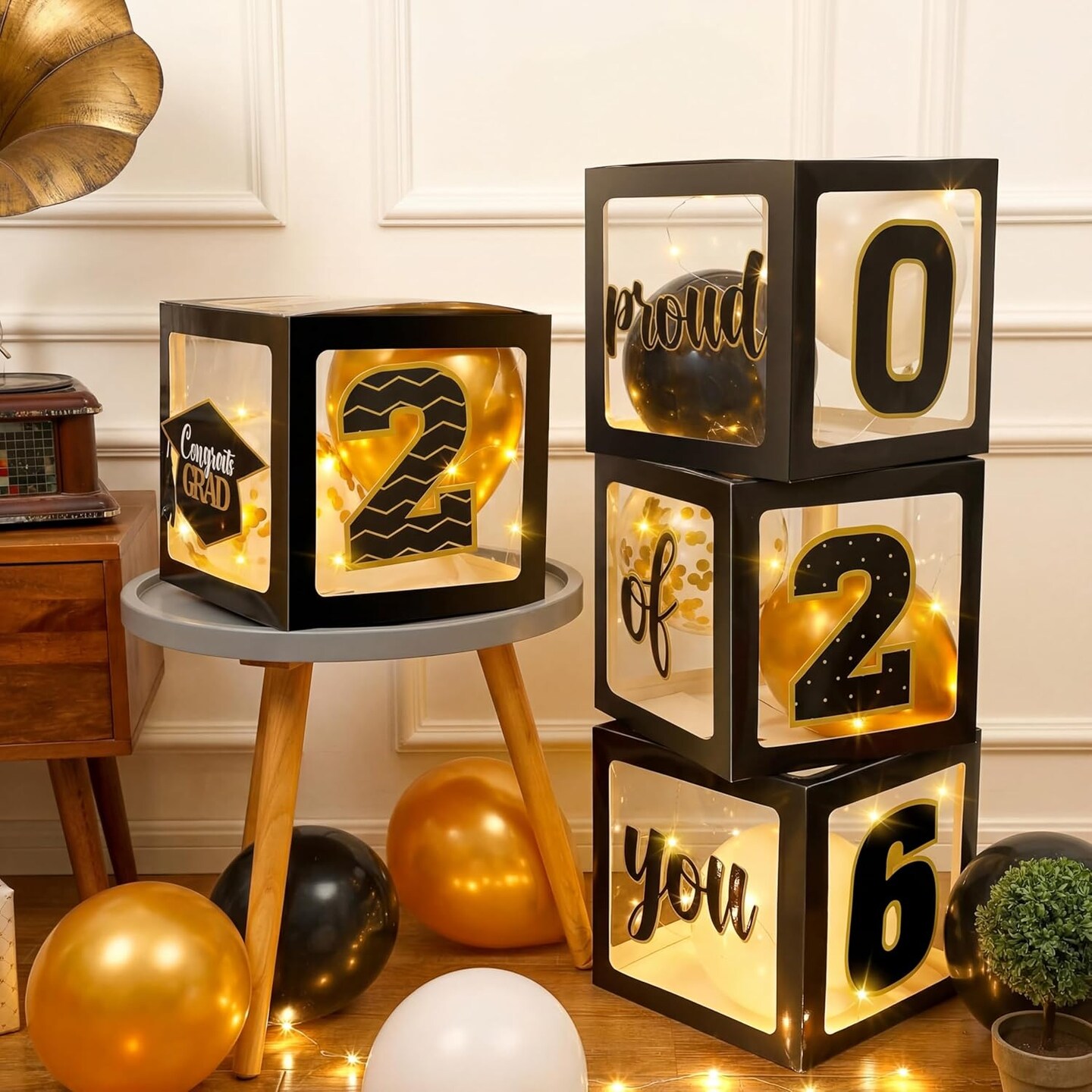 44 PCS Graduation 2026 Balloon Box Decoration Set, Black & Gold Congrats Grad Party Supplies with Transparent Boxes, LED String Lights & Balloons for Class of 2026 Celebration