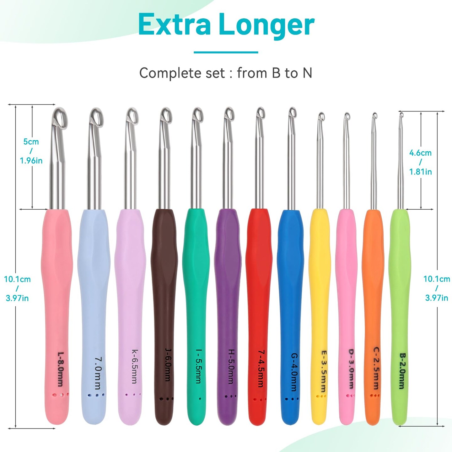 Crochet Hooks Set with Case, 12 Size Ergonomic Crochet Needles for Beginner Adult Arthritic Hands, 2mm(B)-8mm(L) Extra Long Knitting Hook for Crocheting Yarn- Great DIY Craft Christmas Gift