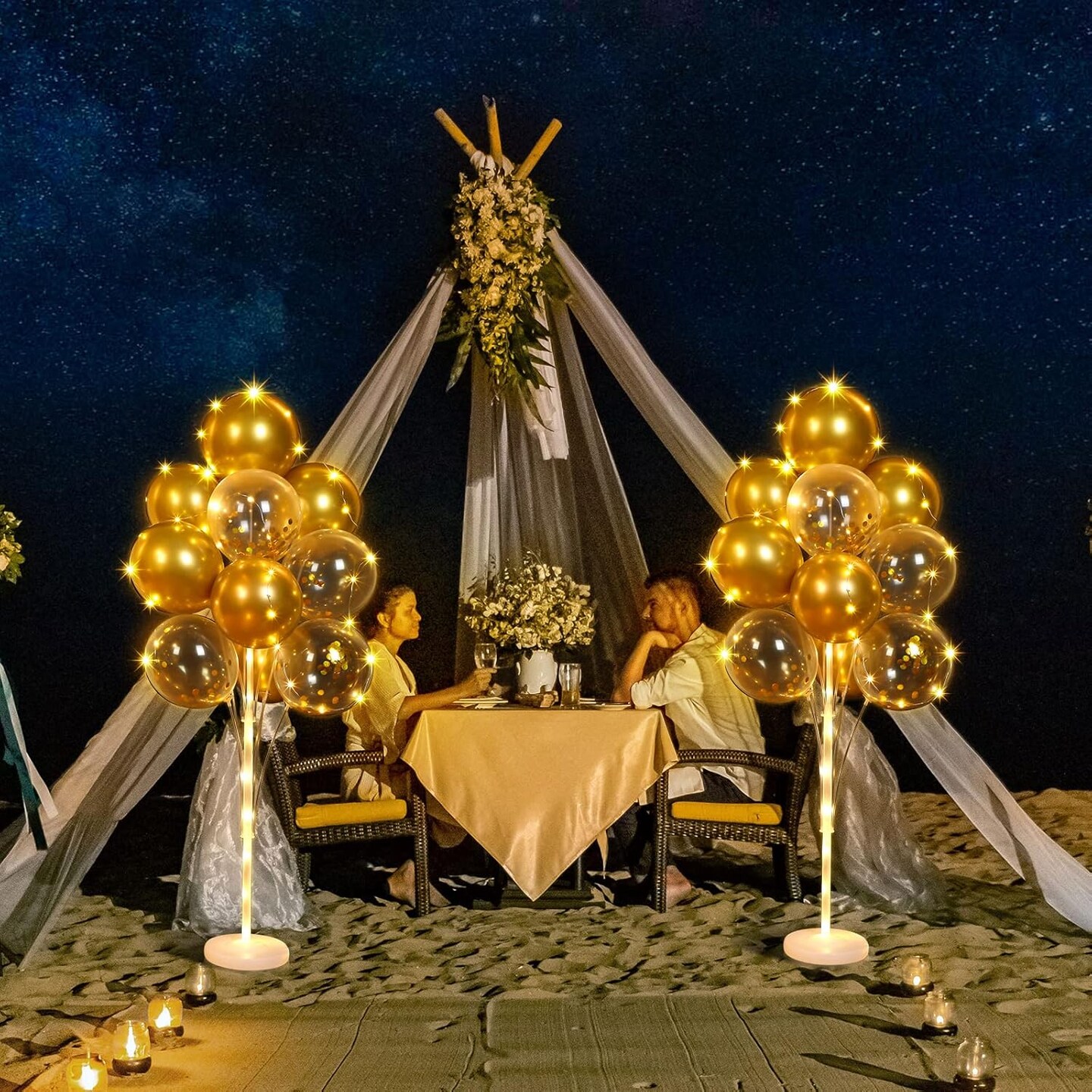 2 Sets Balloon Column Stand Kit with 40 Gold Balloons & LED String Lights, Floor Balloon Tower Centerpieces for Birthday, Wedding, Baby Shower & Party Decorations