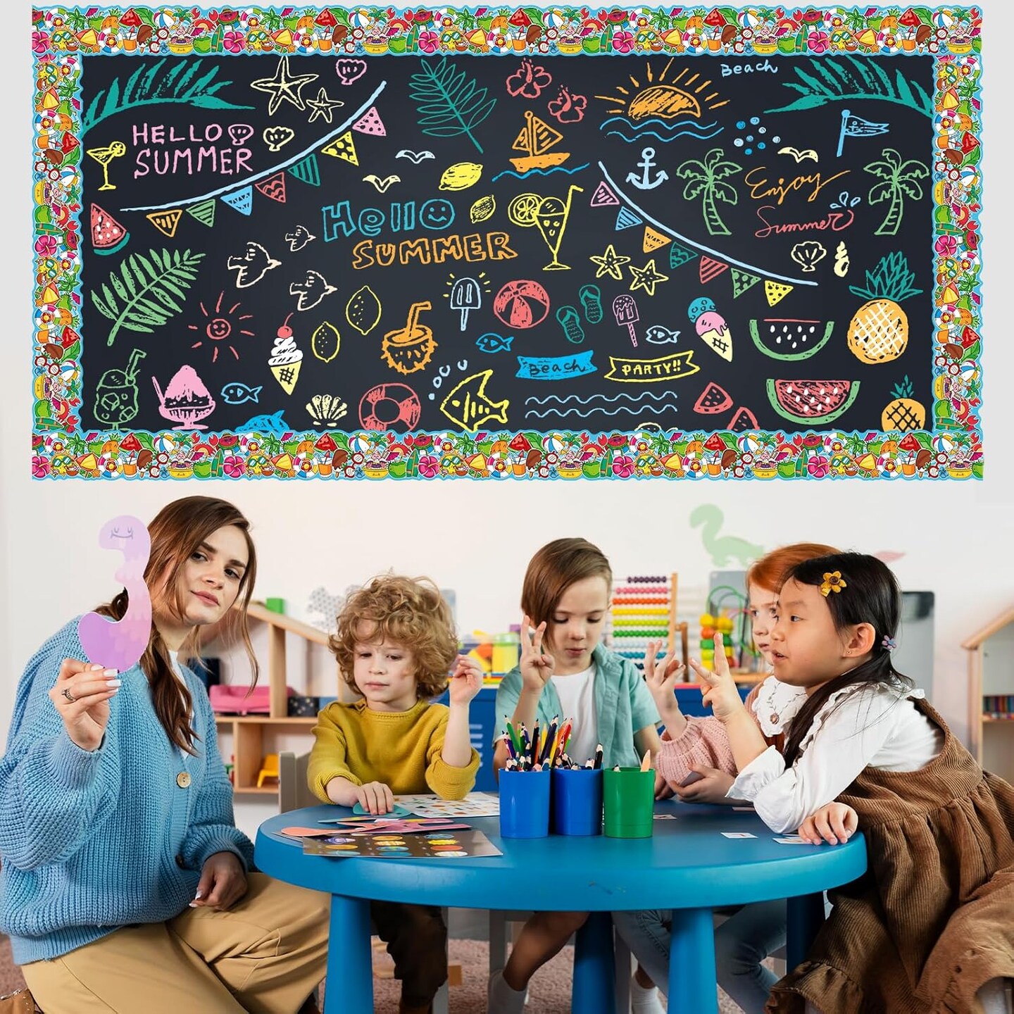65.6Ft Summer Bulletin Board Borders, Cute Coconut Drink Pineapple Theme Die Cut Trim Border Roll Summer Bulletin Board Trim for Home Office School Chalkboard Wall & Hawaiian Party Classroom Decor
