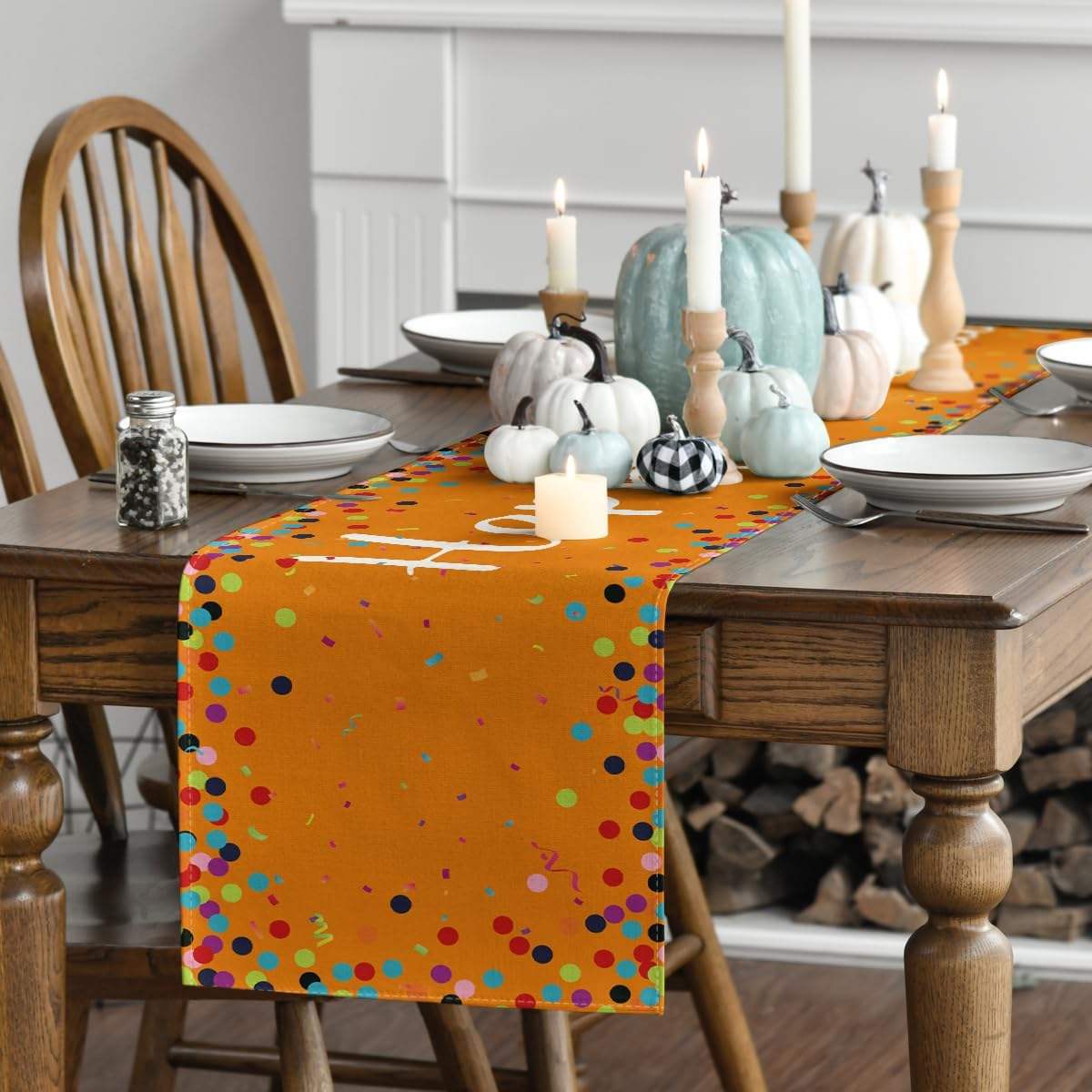 Polka Dot Orange Happy Birthday Table Runner, Seasonal Fall Thanksgiving