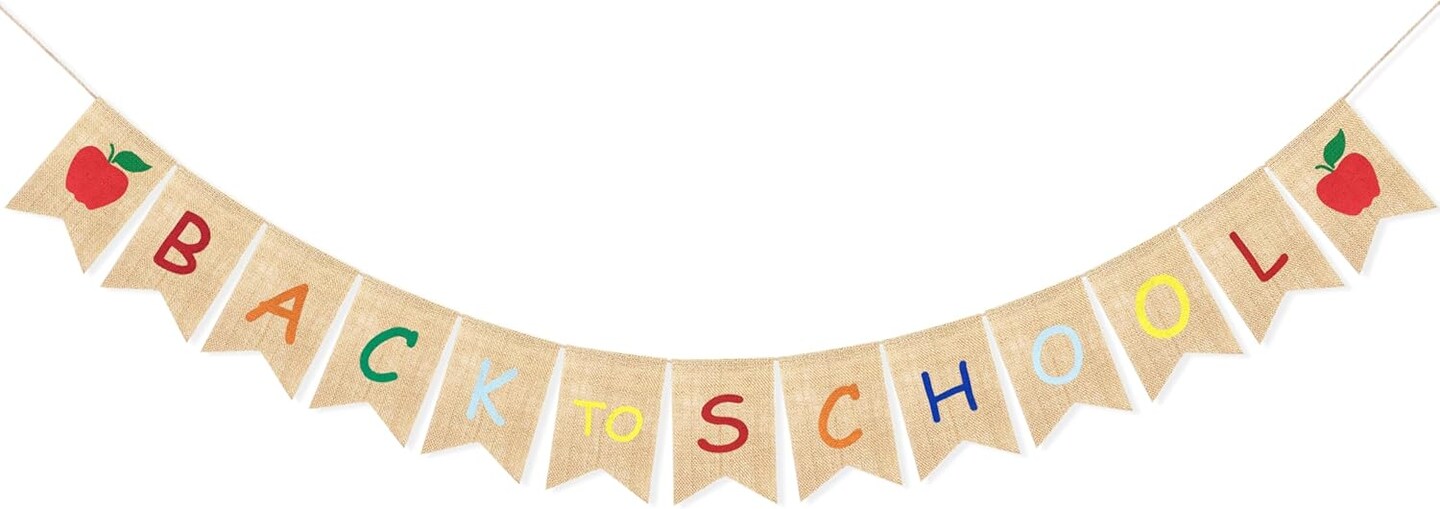 Back to School Banner Burlap Apple Sign First Day of School Decorations (red, orange, green, black & yellow) 7"L x 5"W