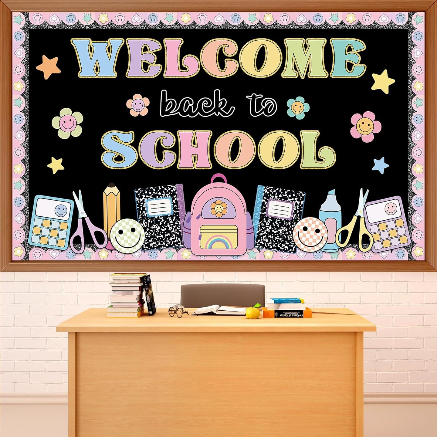 Composition Notebook Classroom Decor – Welcome Back to School Bulletin Board Set with Colorful Smile Face Paper Cutouts for Wall, Door, and Classroom