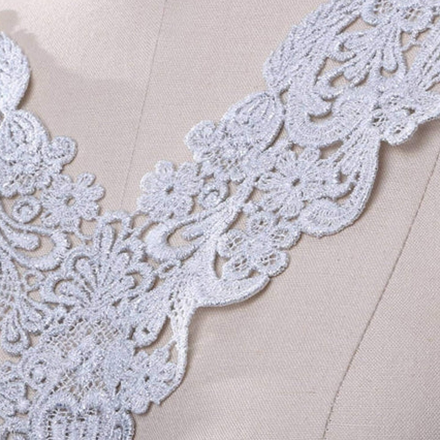 1 Piece Silver Metallic Venice Lace V Shaped Applique Patch for Gowns Dresses and Costumes