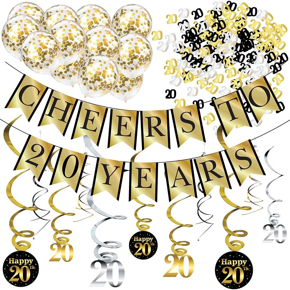 20th Birthday & Anniversary Decorations Party Pack - Pre-Strung "Cheers to 20 Years" Gold Banner, Glitter Confetti Balloons & Hanging Swirls - Complete 20-Year Milestone Party Supplies for Him or Her