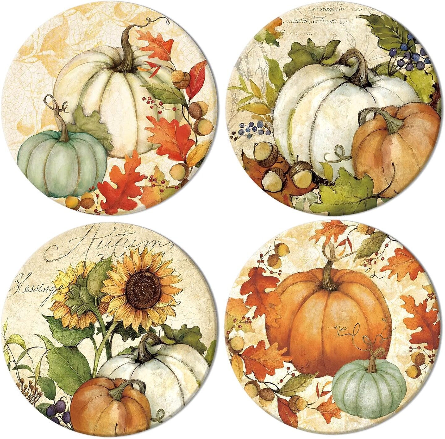 4Pcs Fall Thanksgiving Coasters Vintage Autumn Pumpkin Ceramic Drink Coasters