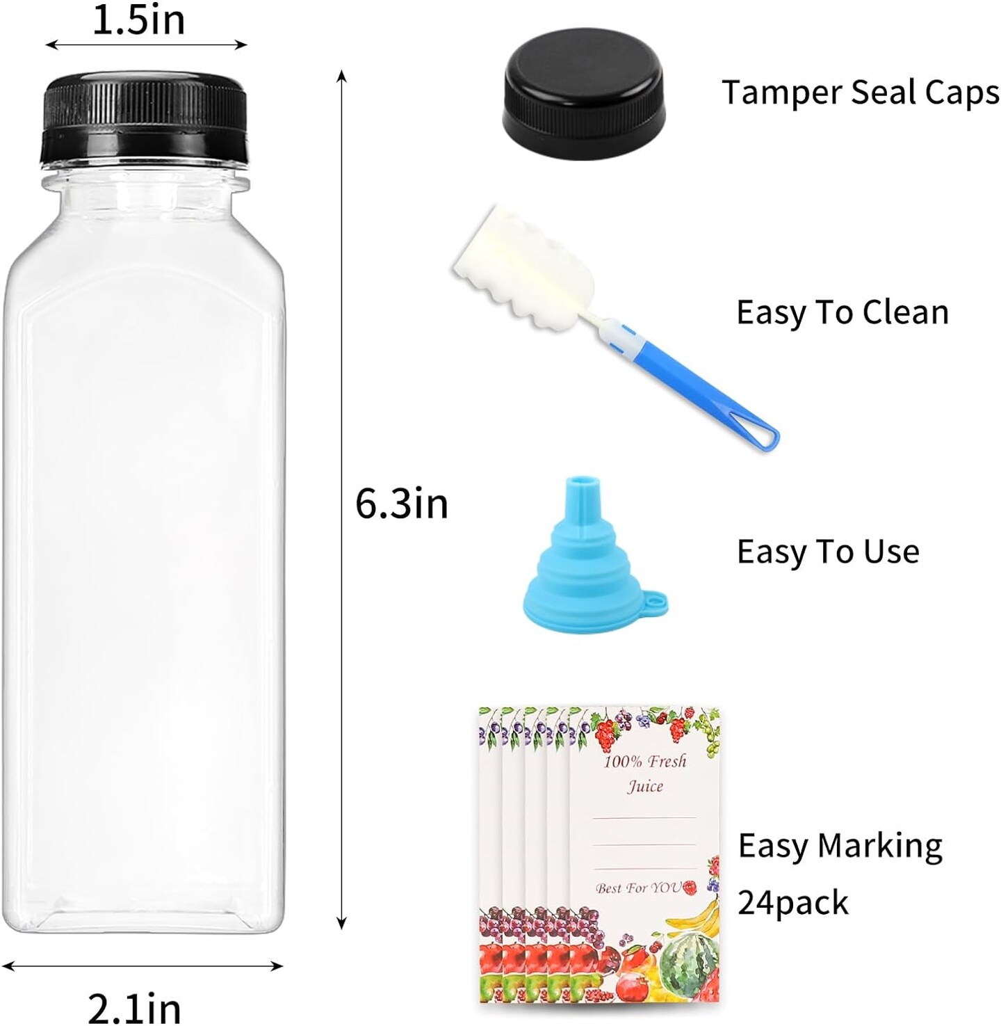 20pcs 12oz Plastic Juice Bottles with Caps, Reusable Juicing Bottles (Clear, Black)
