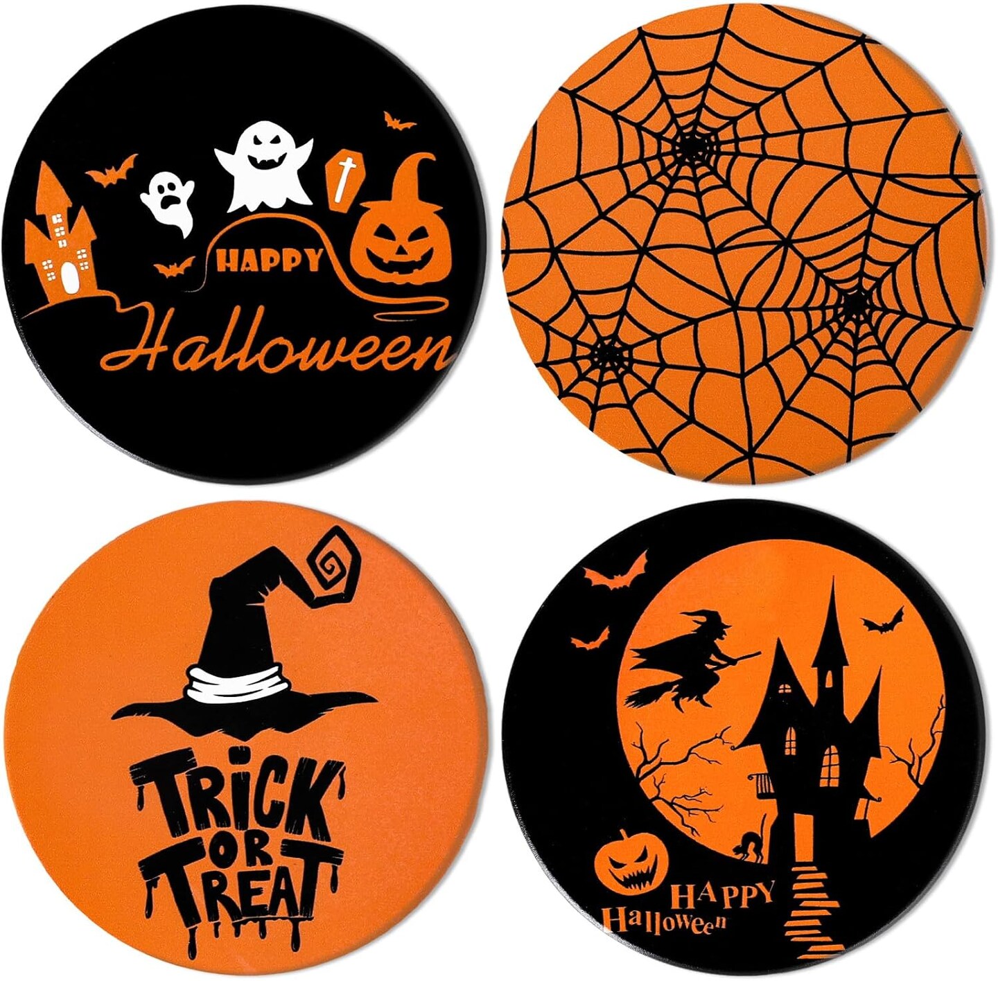 4Pcs Halloween Coasters Orange Black Round Ceramic Coaster Trick