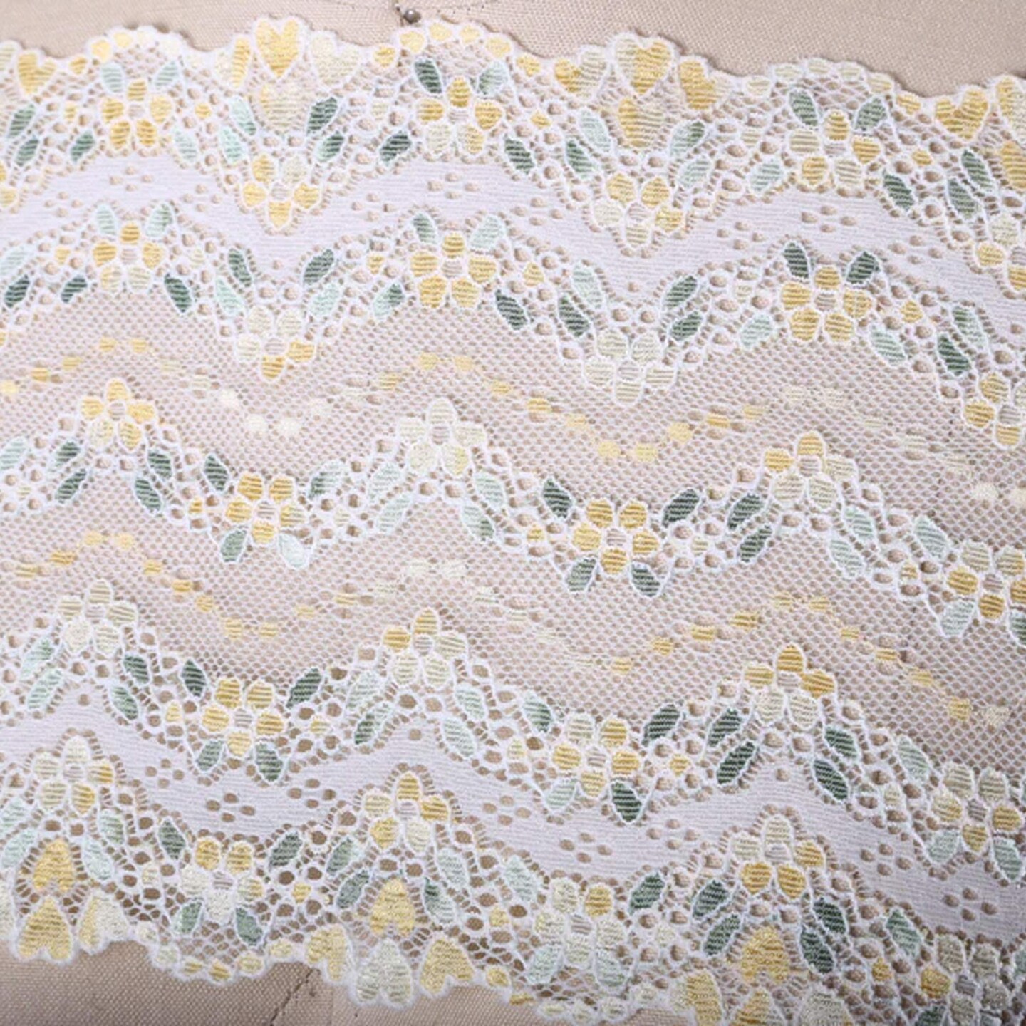 1 Yard 7" Wide Yellow Floral Stretch Lace Trim Lemony Flowers & Green Leaves on White