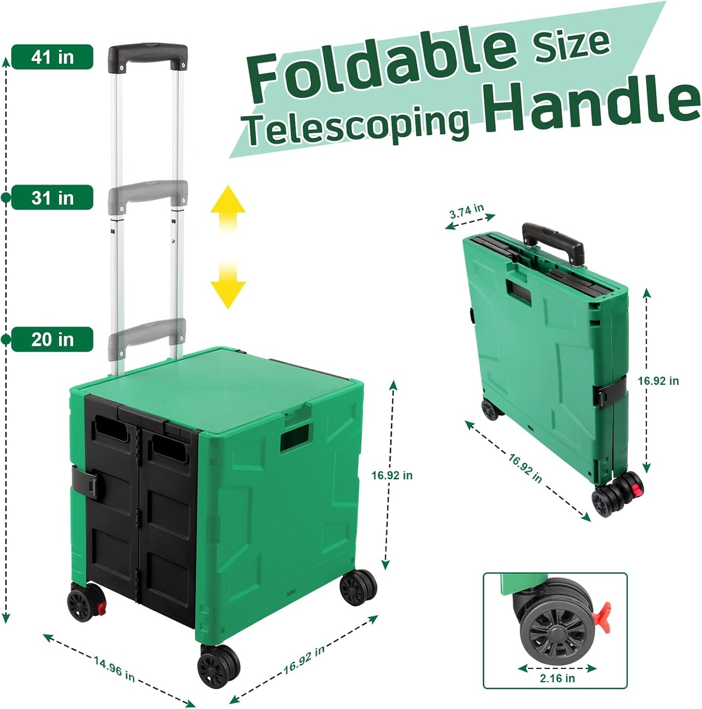 Folding Utility Cart Rolling Crate Handcart with Durable Heavy Duty Plastic Telescoping Handle Collapsible Hidden Lid 4 Rotate Wheels for Travel Shop Move Office Teacher Use(Dark Green&Black)