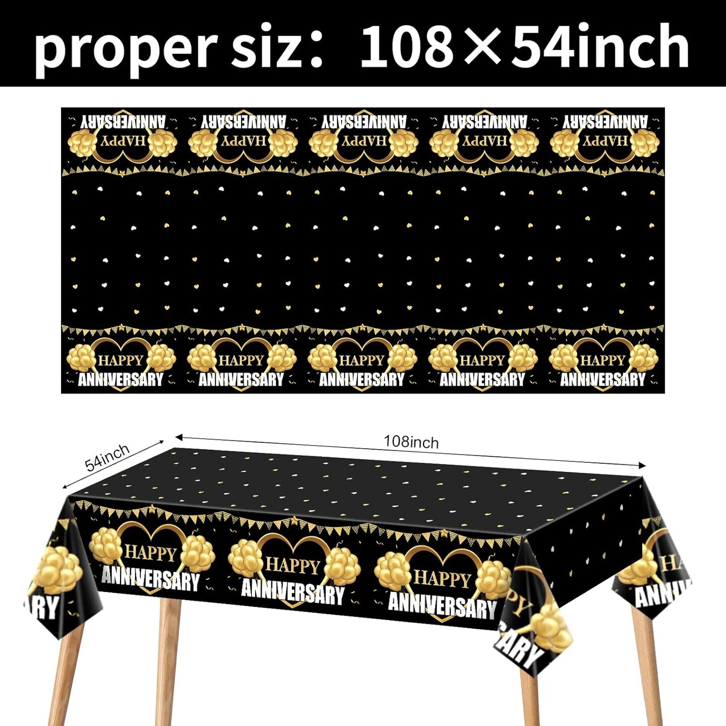 3-Pack Happy Anniversary Tablecloth Decorations (108" x 54") - Black & Gold "Golden Love" Theme Table Covers - Premium Thick Disposable Plastic for 25th, 40th, 50th Wedding Anniversary & Formal Events