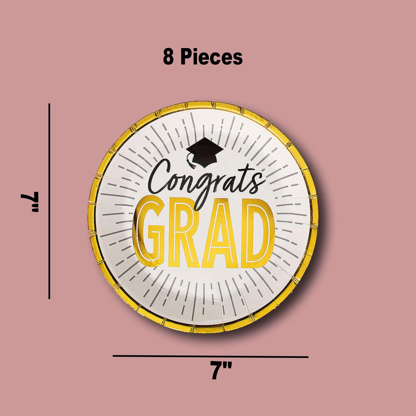 25 Count Black and Gold Graduation Party Congrats Grad Paper Dessert Plates 7 Inch